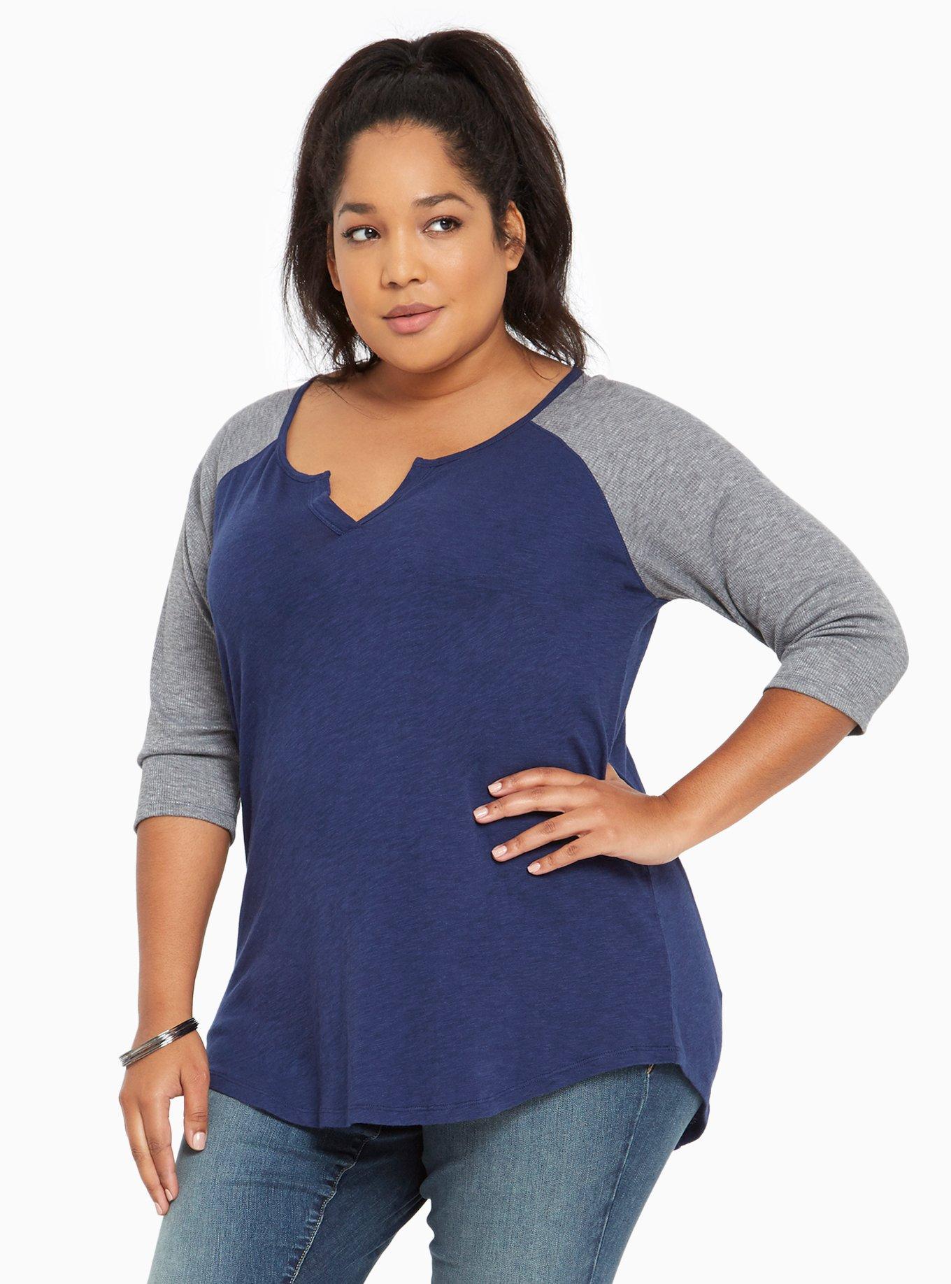Plus Size Ribbed Knit Notch Neck Raglan Tee, DEEP BLACK, alternate