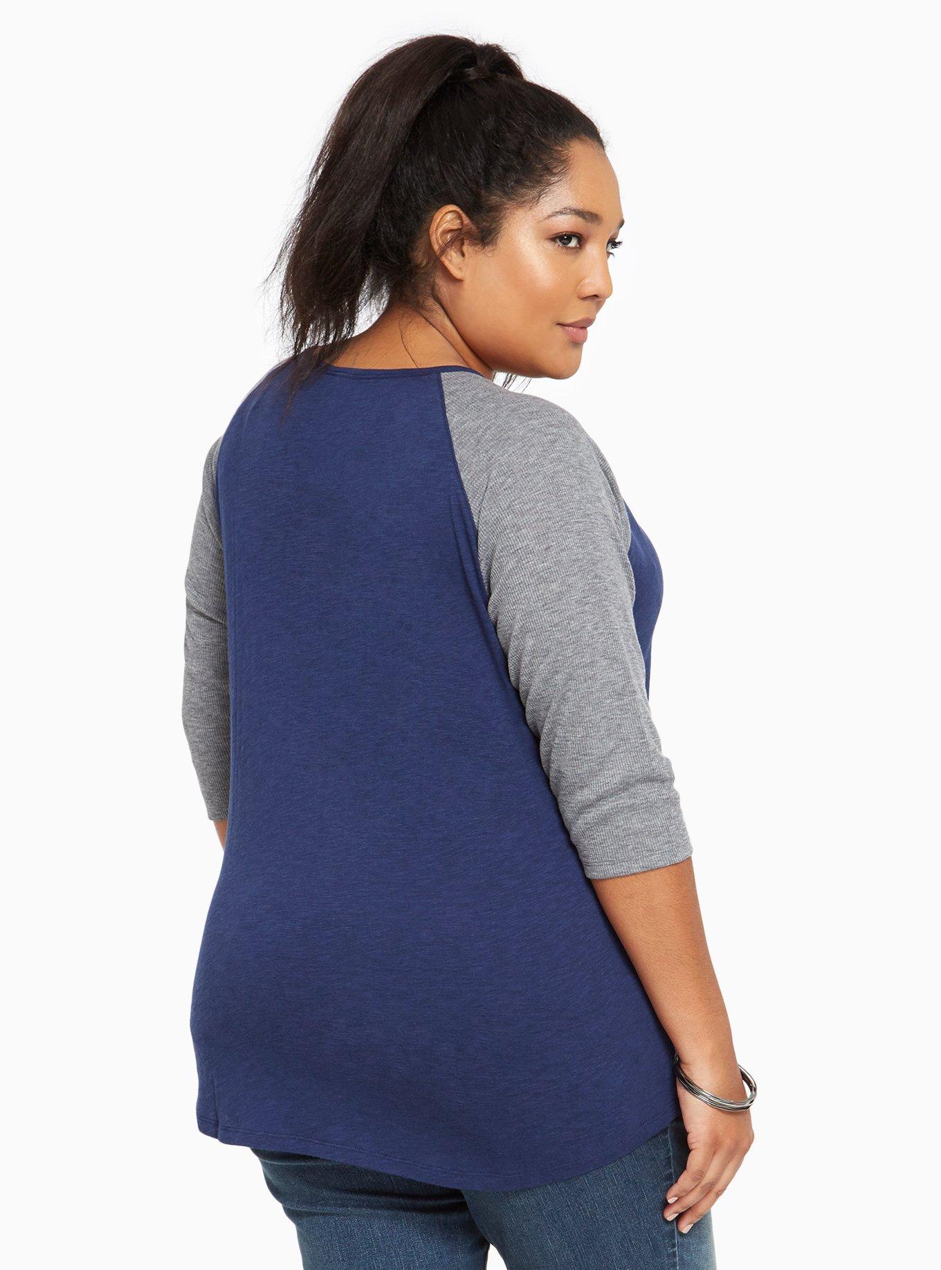 Plus Size Ribbed Knit Notch Neck Raglan Tee, DEEP BLACK, alternate