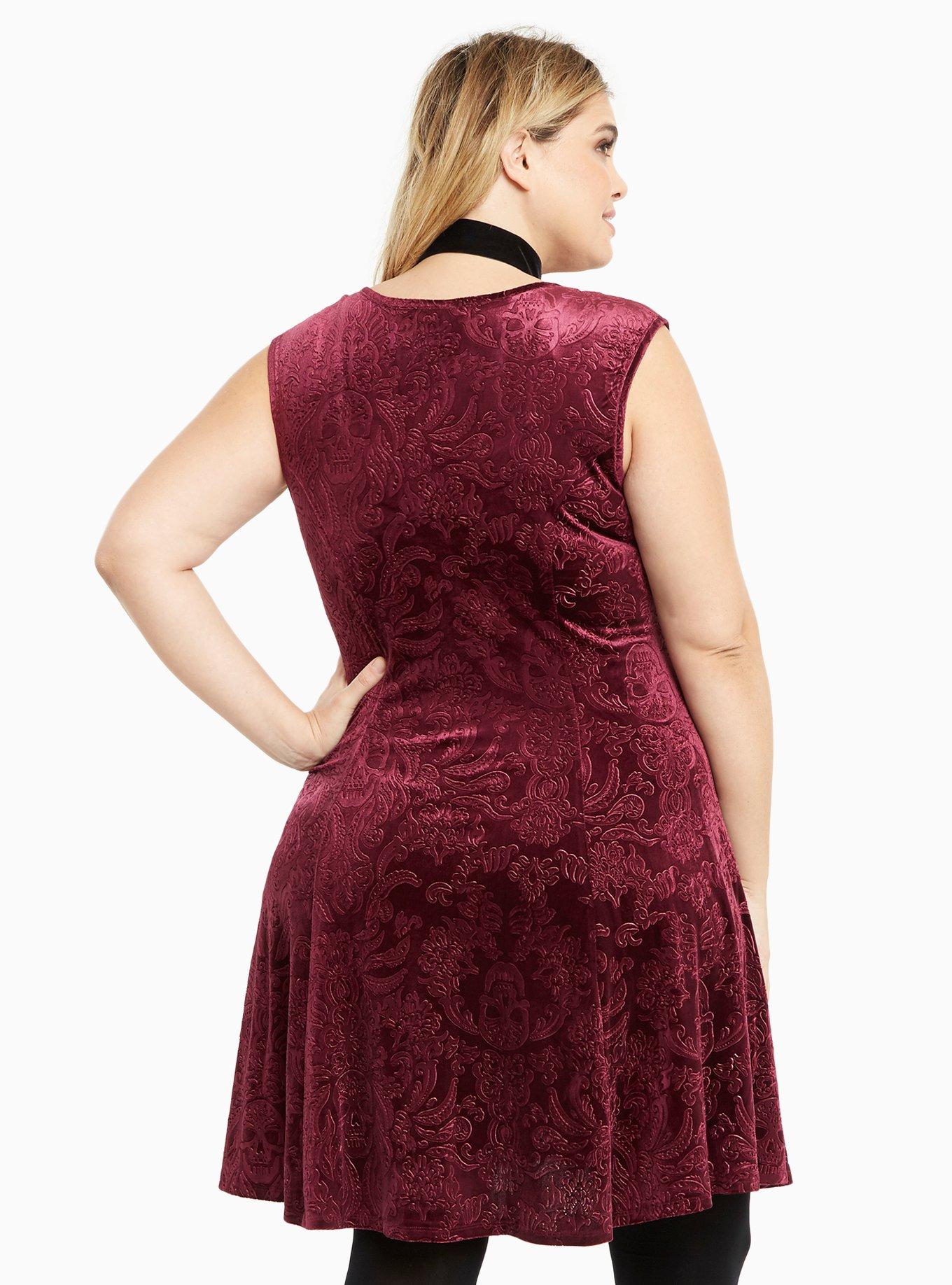 Embossed Velvet Skater Dress, BURGUNDY, alternate