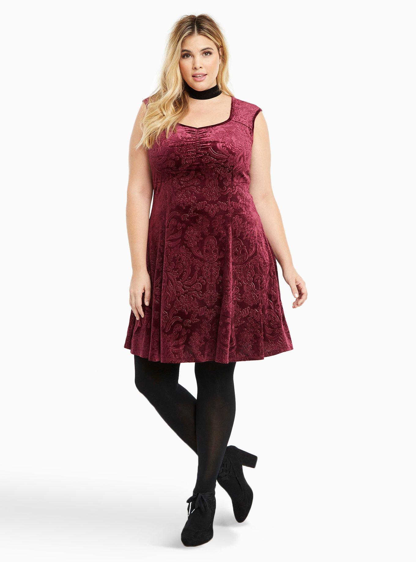 Embossed Velvet Skater Dress, BURGUNDY, alternate