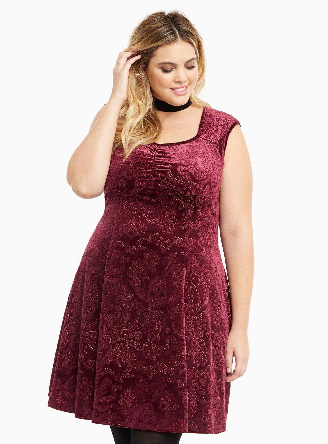 Embossed Velvet Skater Dress, BURGUNDY, hi-res