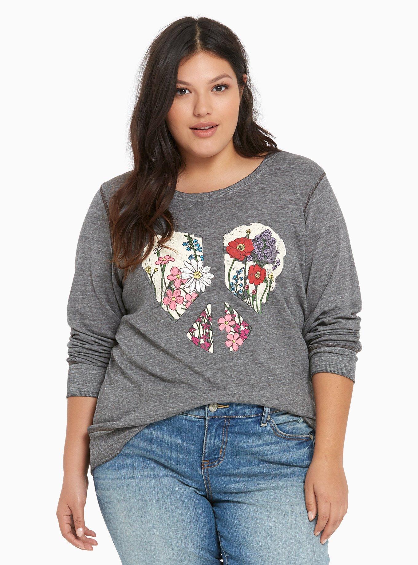 Plus Size Flower Peace Sweatshirt, HEATHER GREY, hi-res