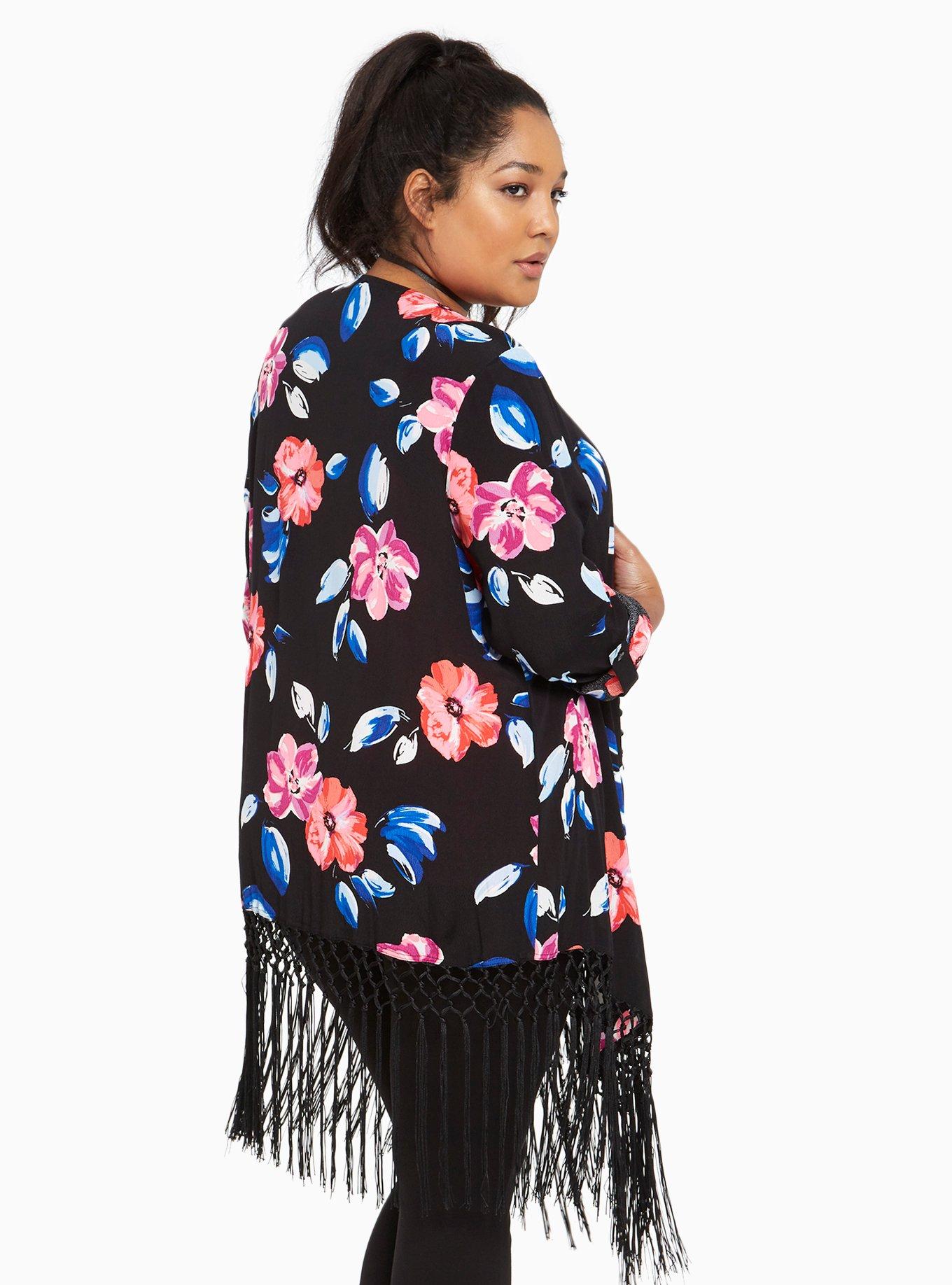 Plus Size Floral Print Crepe Fringe Kimono, JUMPER FLORAL, alternate
