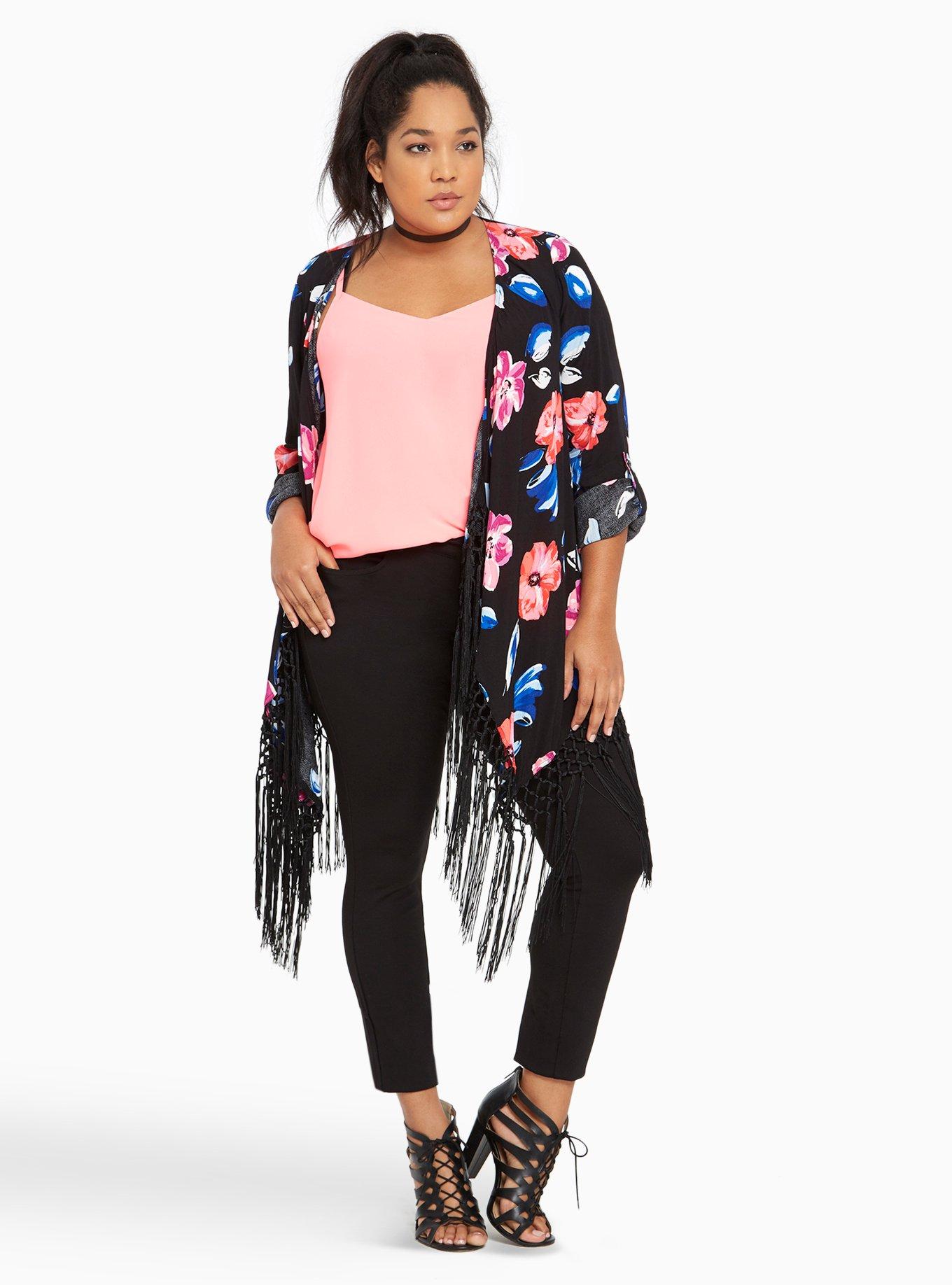 Plus Size Floral Print Crepe Fringe Kimono, JUMPER FLORAL, alternate
