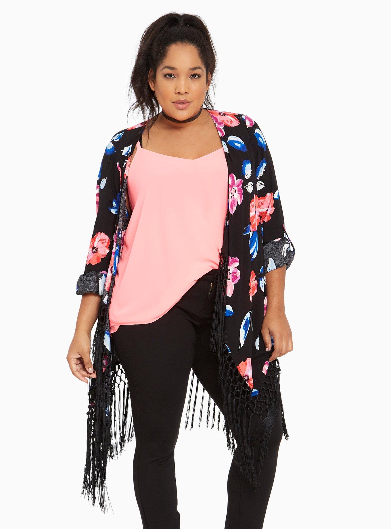Plus Size Floral Print Crepe Fringe Kimono, JUMPER FLORAL, alternate