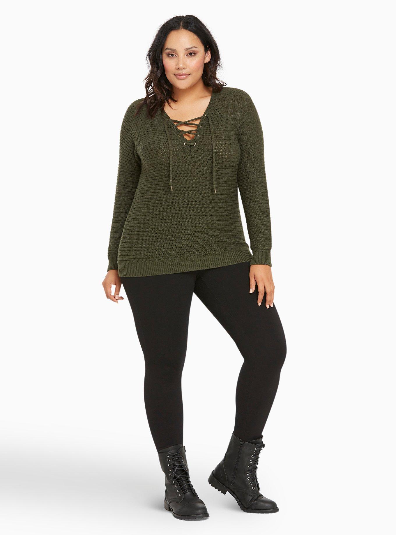 Plus Size - Ribbed Lace Up Neck Sweater - Torrid