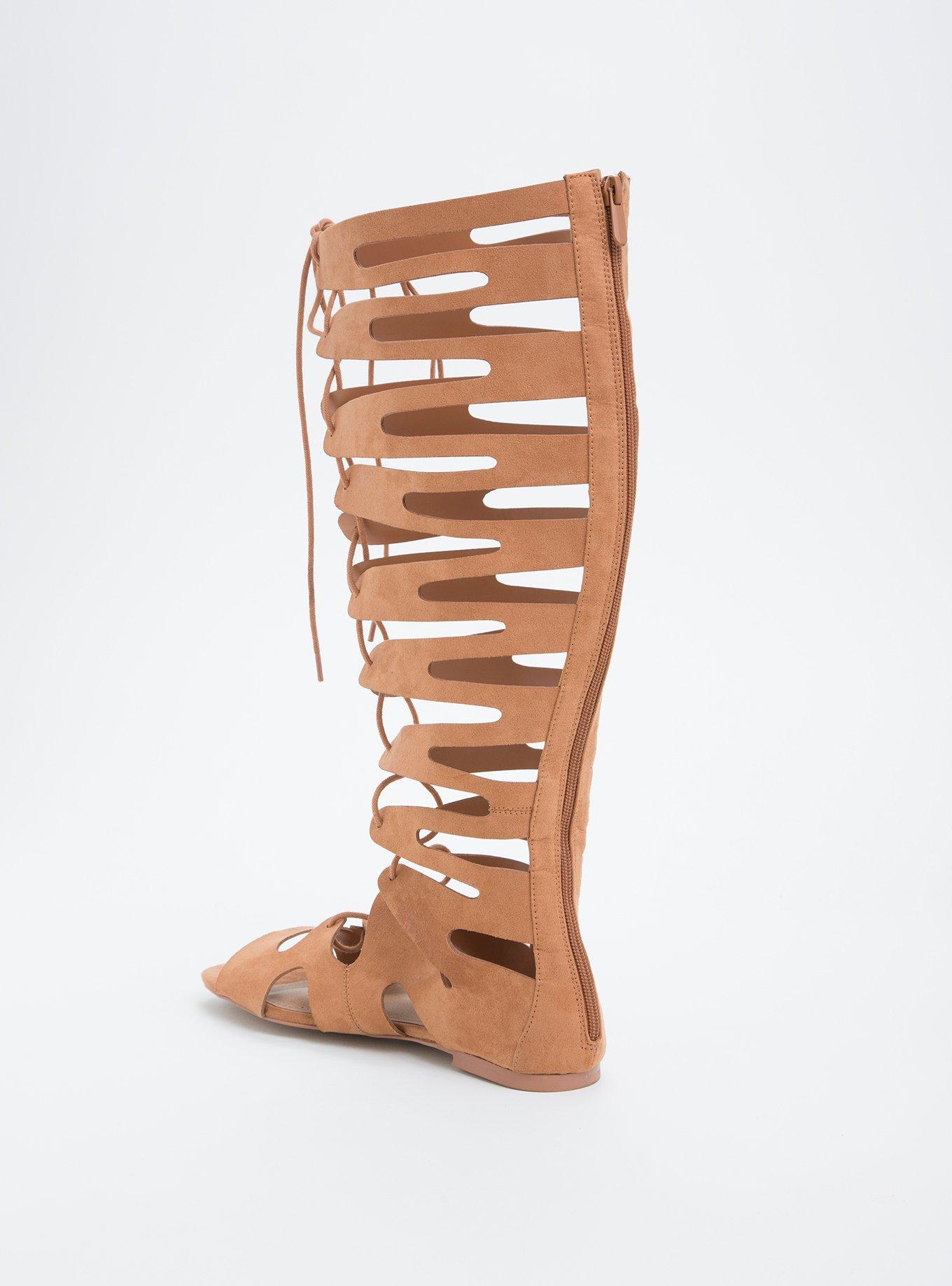 Plus Size Faux Suede Lace Up Knee Gladiator Sandals (Wide Width), COGNAC, alternate