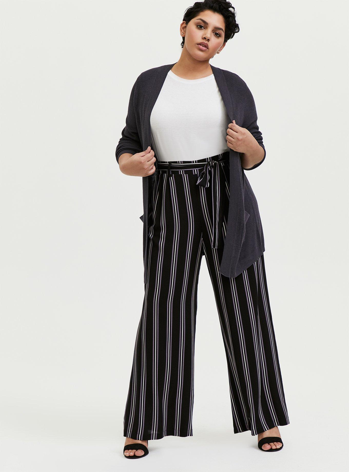 Pull-On Wide Leg Challis High-Rise Tie-Front Pant, BLACK STRIPE, alternate