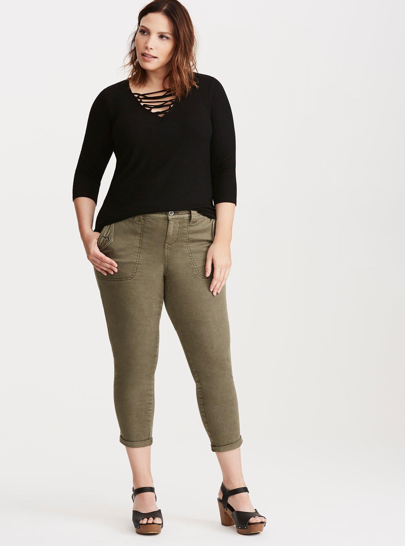 Plus Size Lace Up V-Neck Ribbed Knit Tee, NONEC, alternate