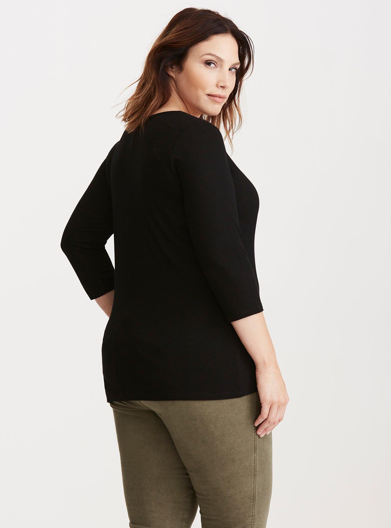 Plus Size Lace Up V-Neck Ribbed Knit Tee, NONEC, alternate