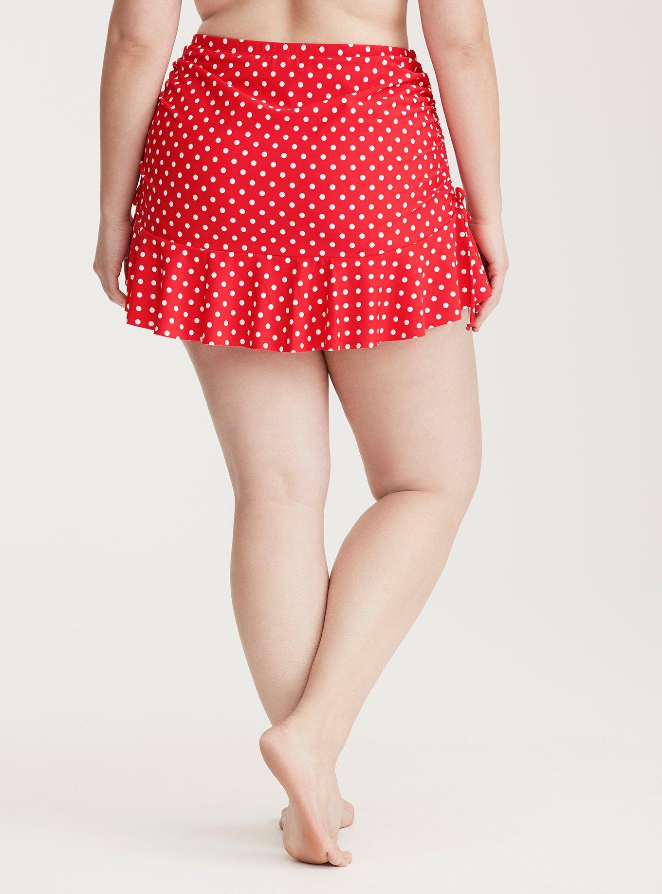Polka Dot Print Tie Side Ruffle Swim Skirt, RED, alternate