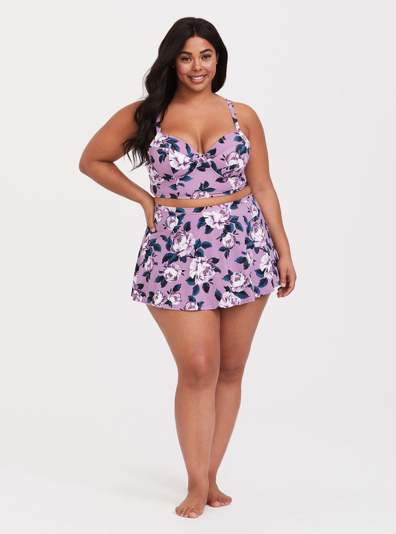 Plus Size High-Rise Long Skater Swim Skirt With Brief, LAVENDER FLORAL, alternate