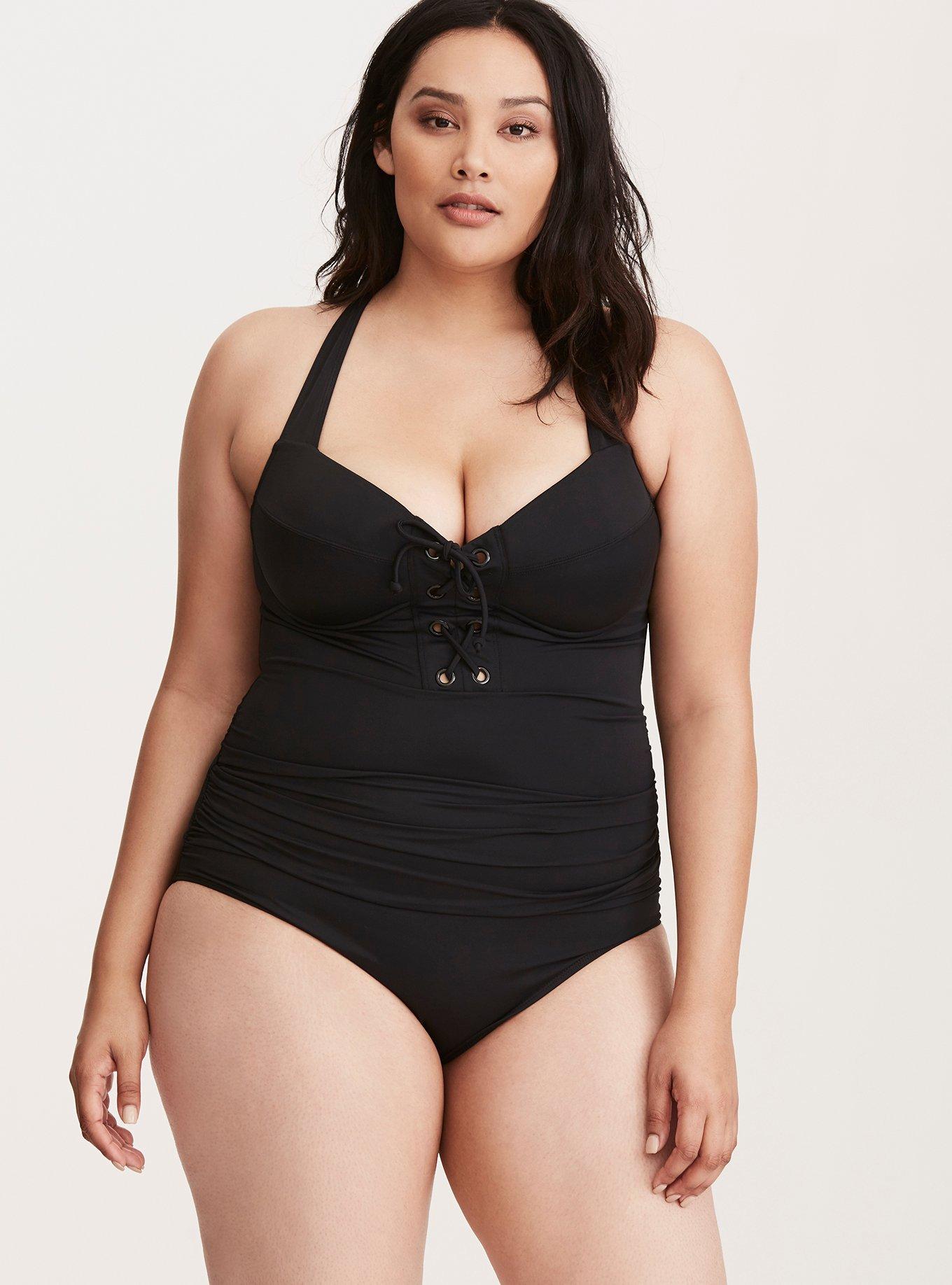 Plus Size - Black Lace Push-Up Strapless One-Piece Swimsuit - Torrid