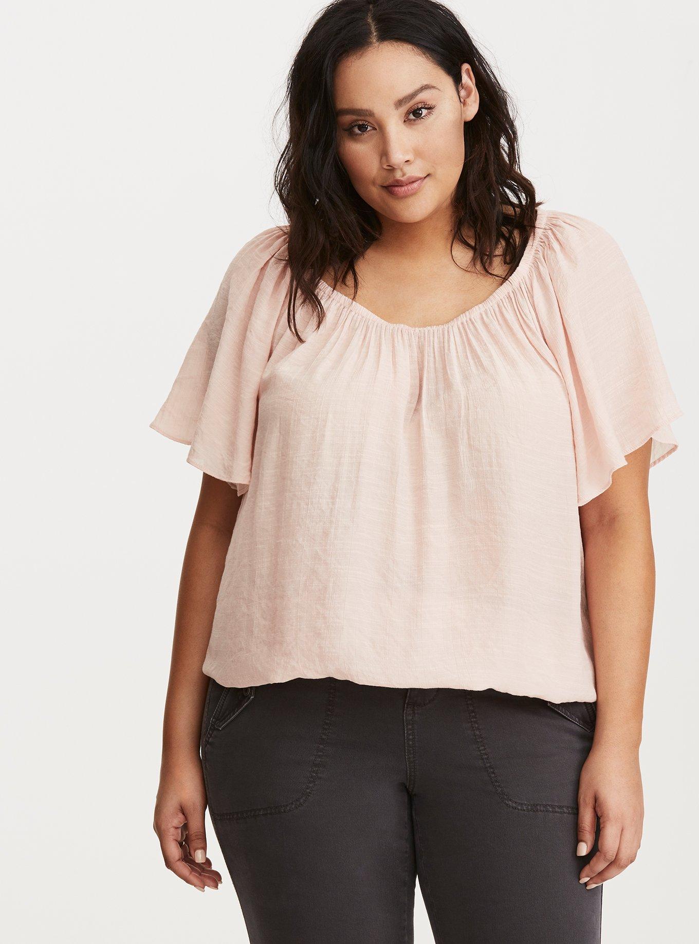 Plus Size - Embroidered Square Neck Flutter Short Sleeve Top - Torrid