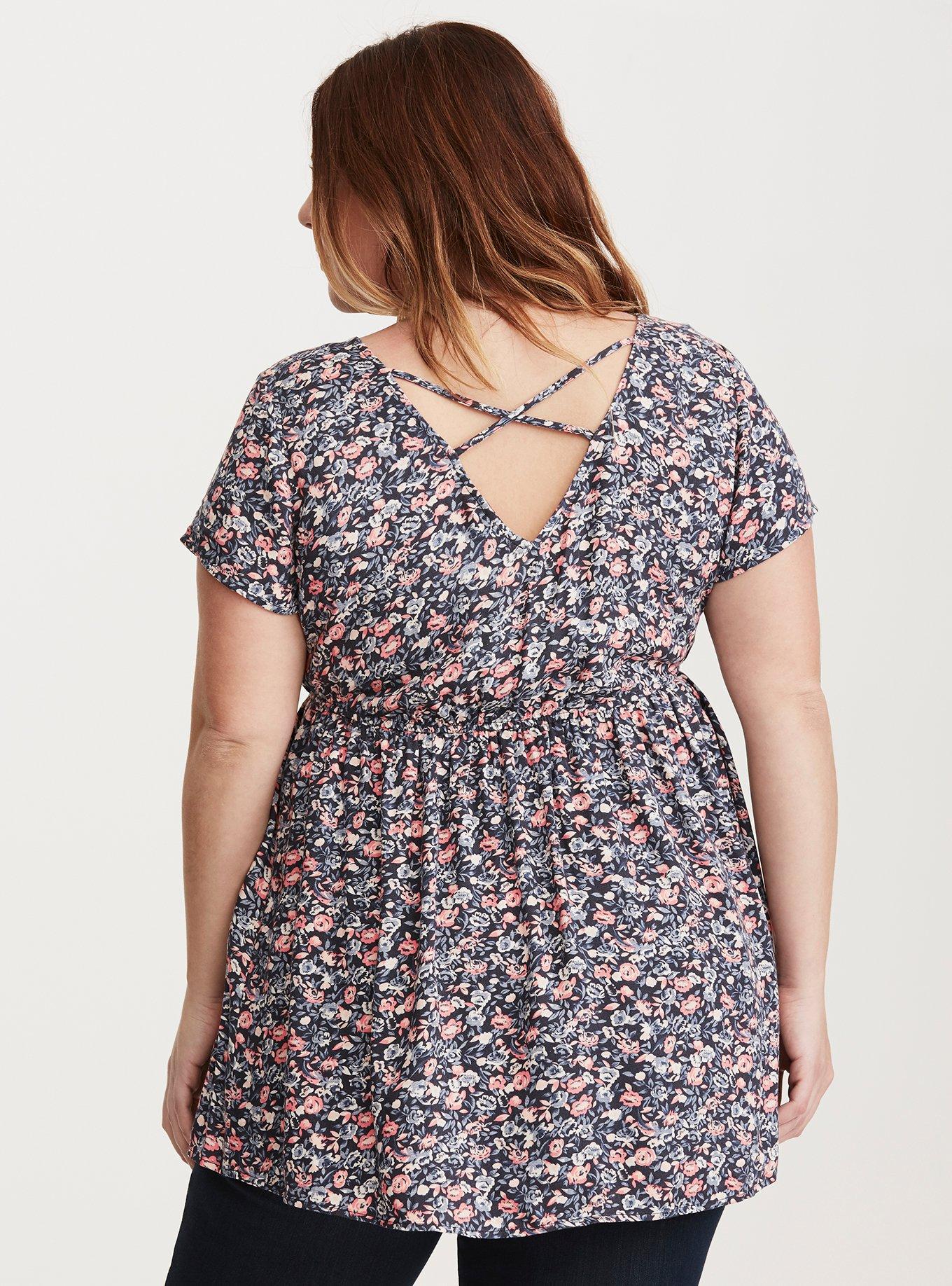 Plus Size Floral Print Twill Crossback Top, RETRO BLOOM, alternate