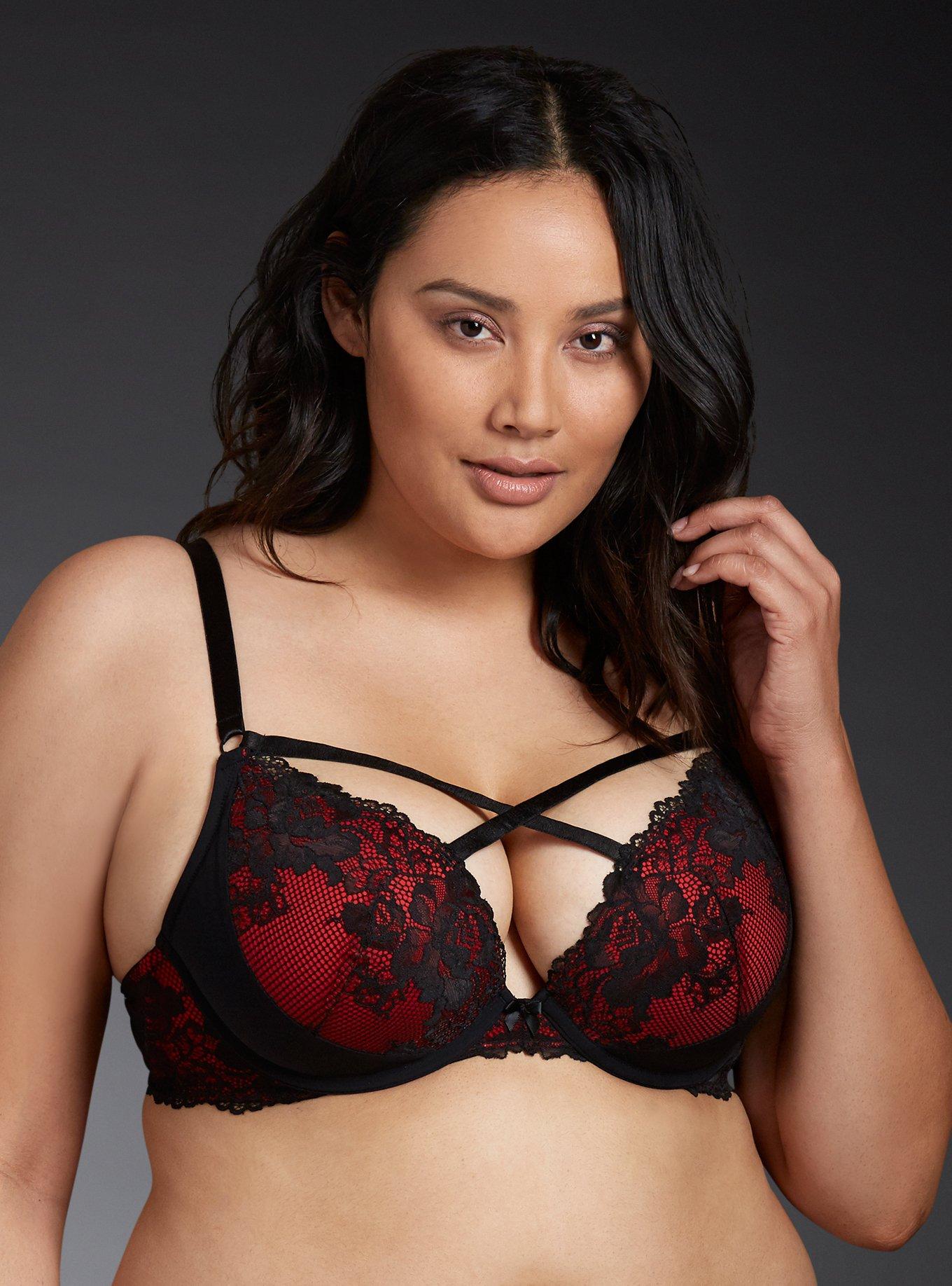 Torrid Strappy Fishnet & Lace Push-Up Plunge Bra (60 BRL) ❤ liked