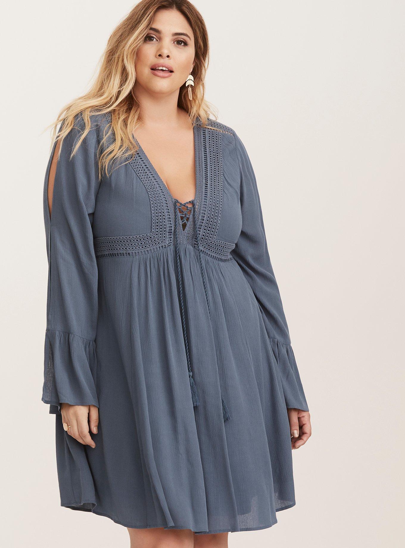 Plus Size Gauze Lace Up Skater Dress, BERING SEA, alternate