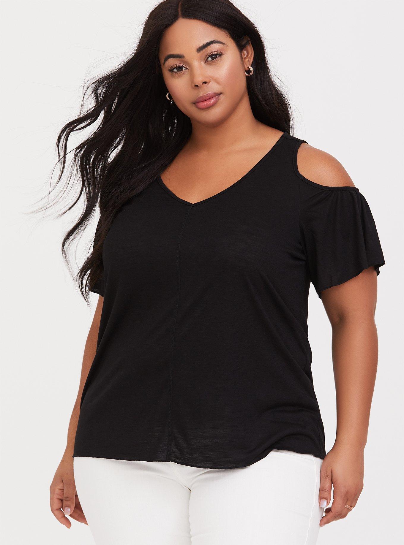 Black Cold Shoulder Tee, DEEP BLACK, hi-res