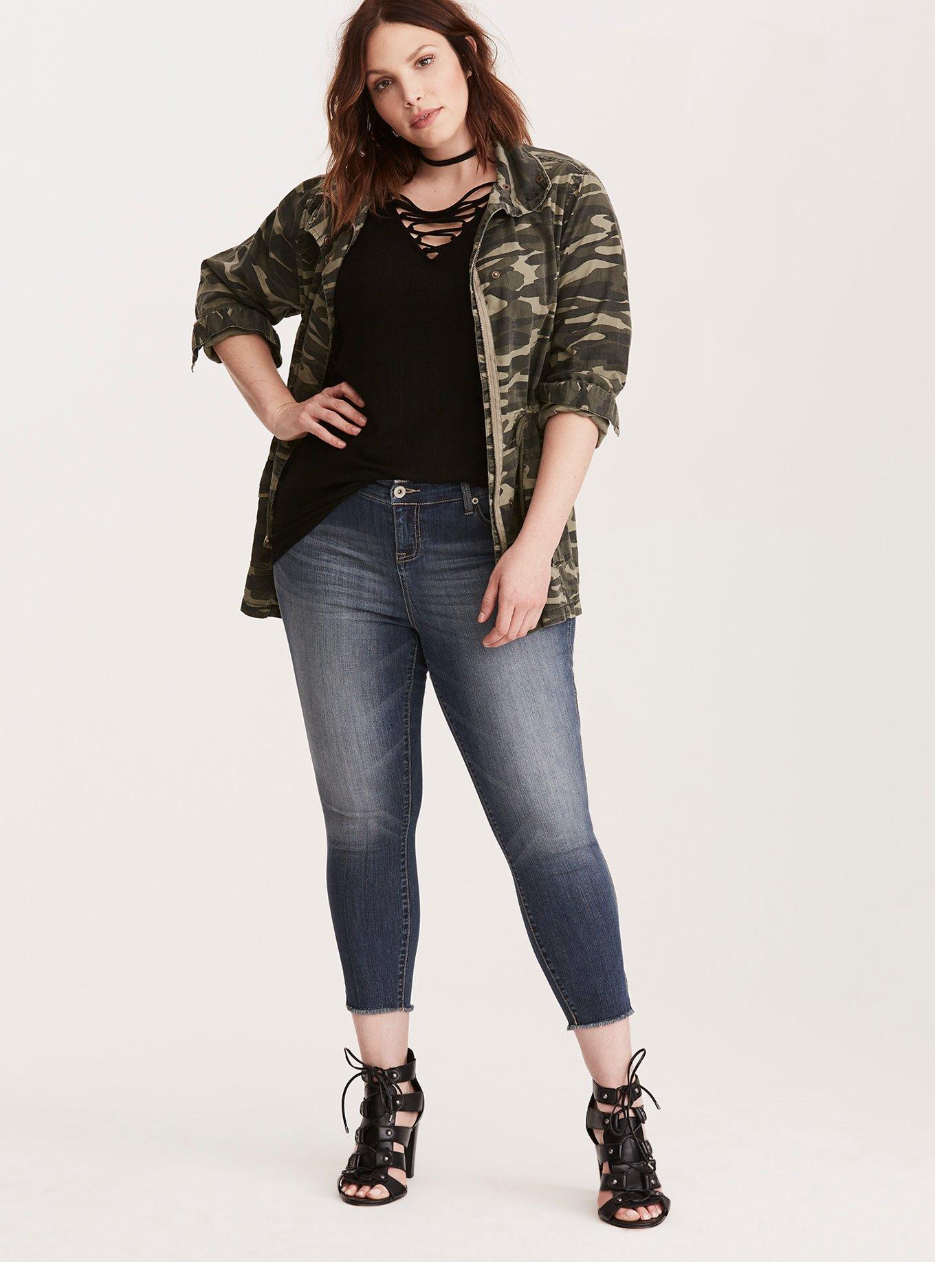 Torrid Premium Stretch High Rise Ultra Skinny Jean &ndash; Medium Wash with Fray Hem, NEPTUNE, alternate