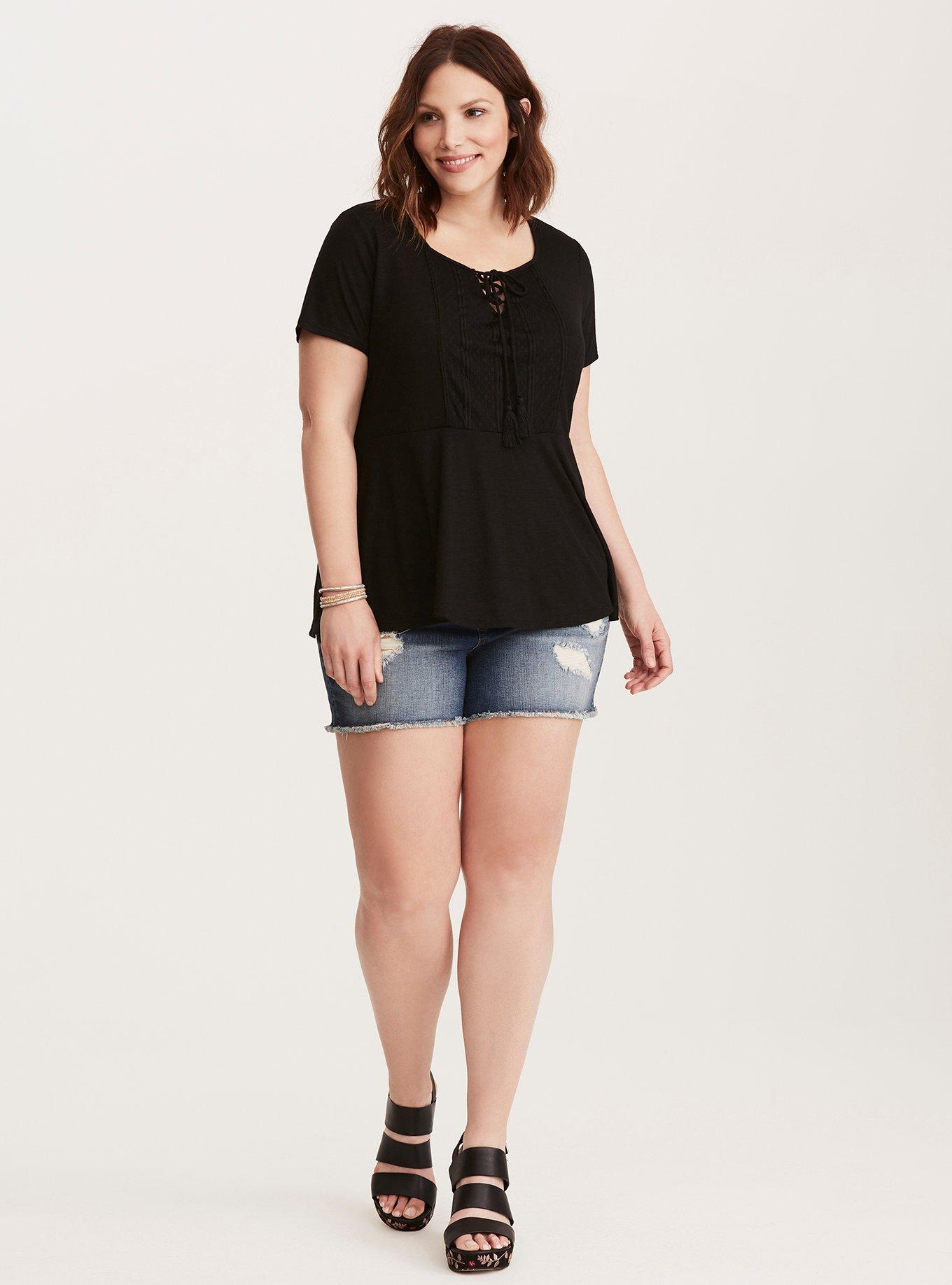 Plus Size Crochet Peplum Tee, DEEP BLACK, alternate