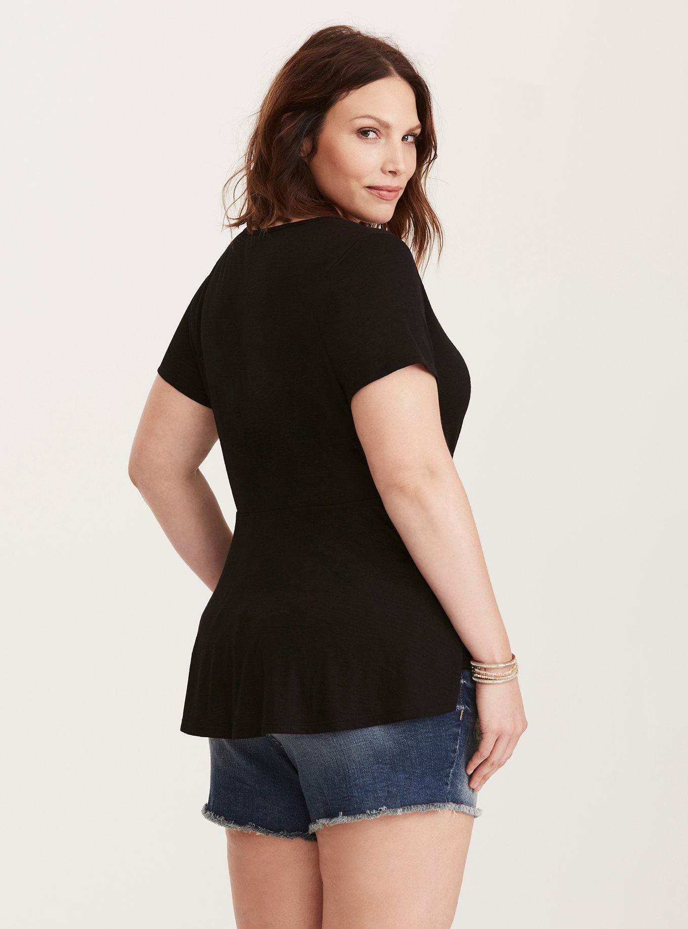 Plus Size Crochet Peplum Tee, DEEP BLACK, alternate