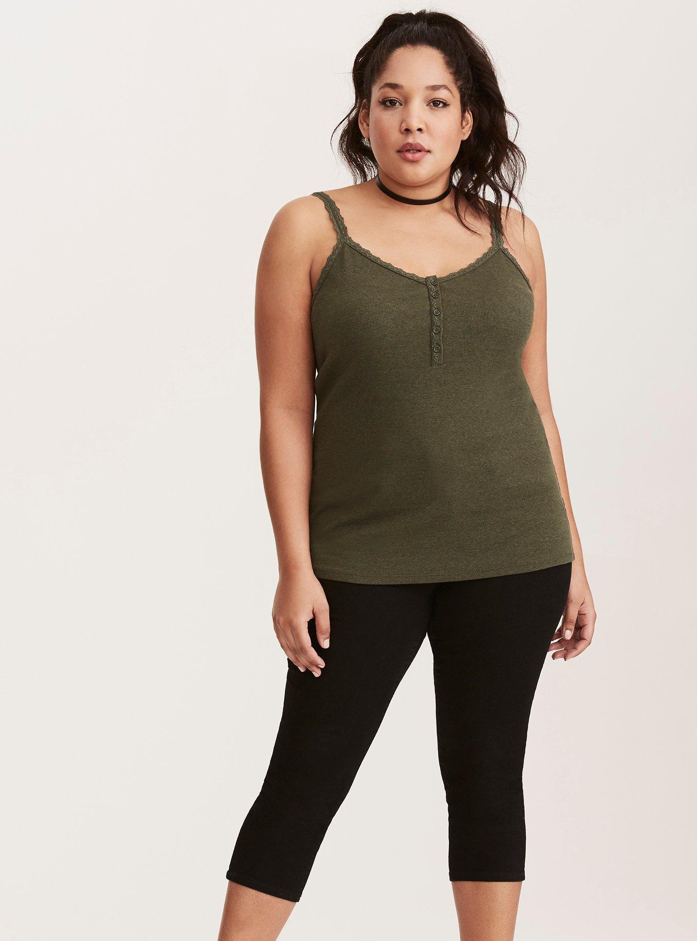 Plus Size Ribbed Lace Trim Henley Cami, DEEP DEPTHS, hi-res
