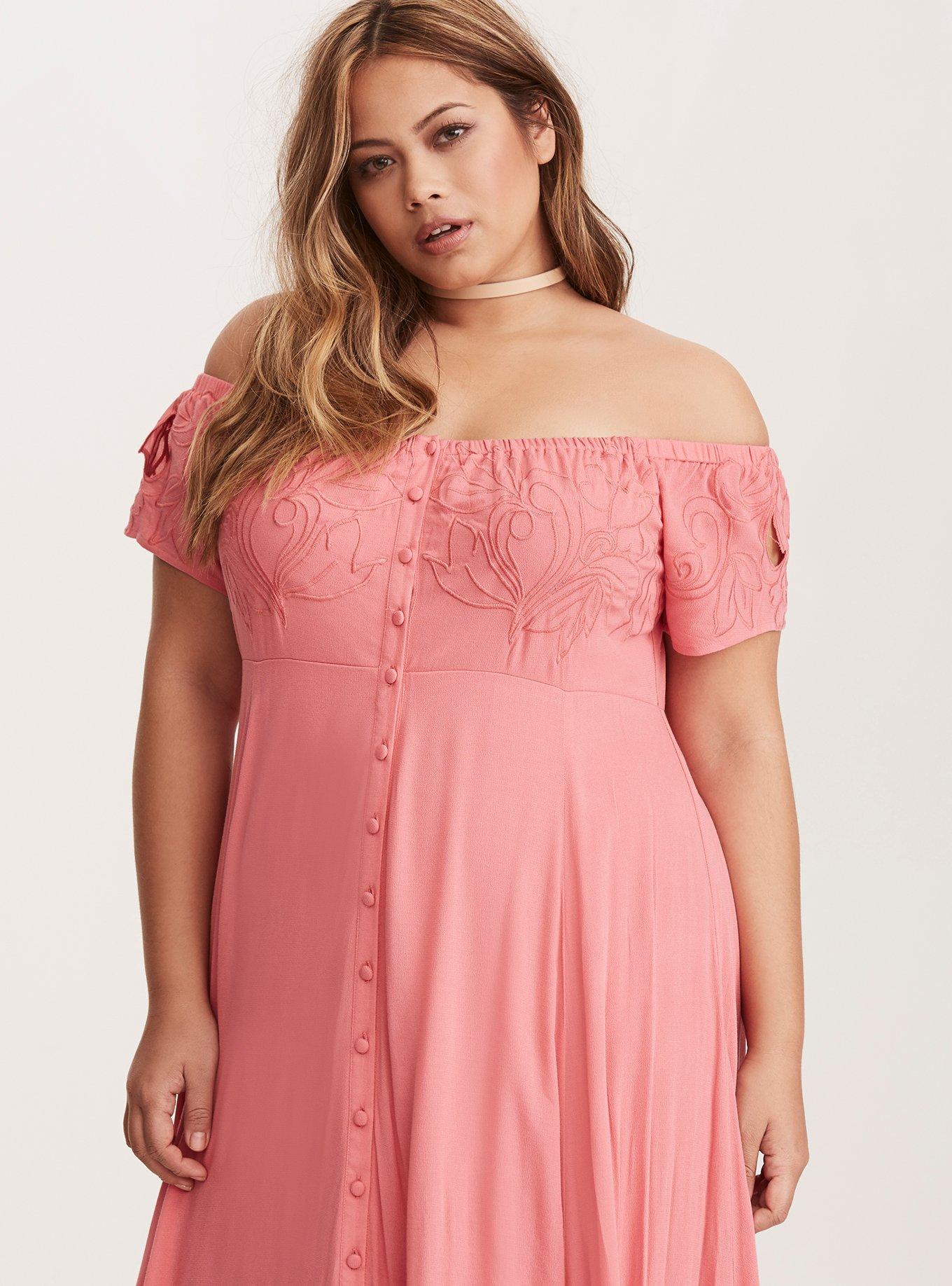 Plus Size - Coral Embroidered Off Shoulder Maxi Dress (Short