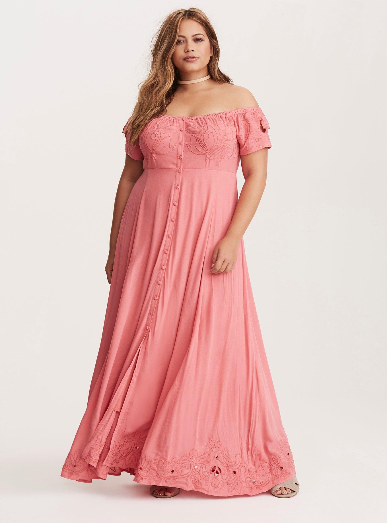 Plus Size - Coral Embroidered Off Shoulder Maxi Dress (Short