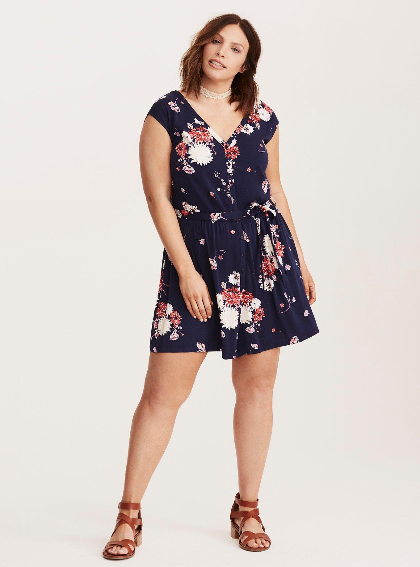 Plus Size Floral Print Challis Button Front Romper, , hi-res