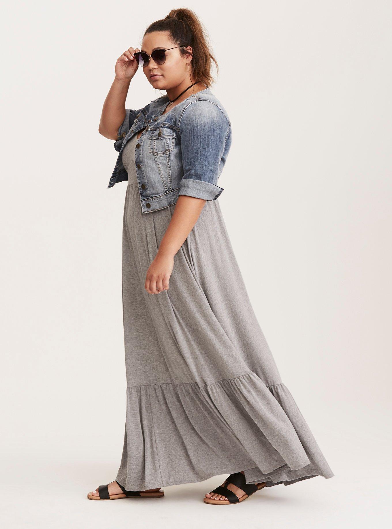 Plus Size Grey Tiered Jersey Maxi Dress (Short Inseam Now Available), HEATHER GREY, alternate