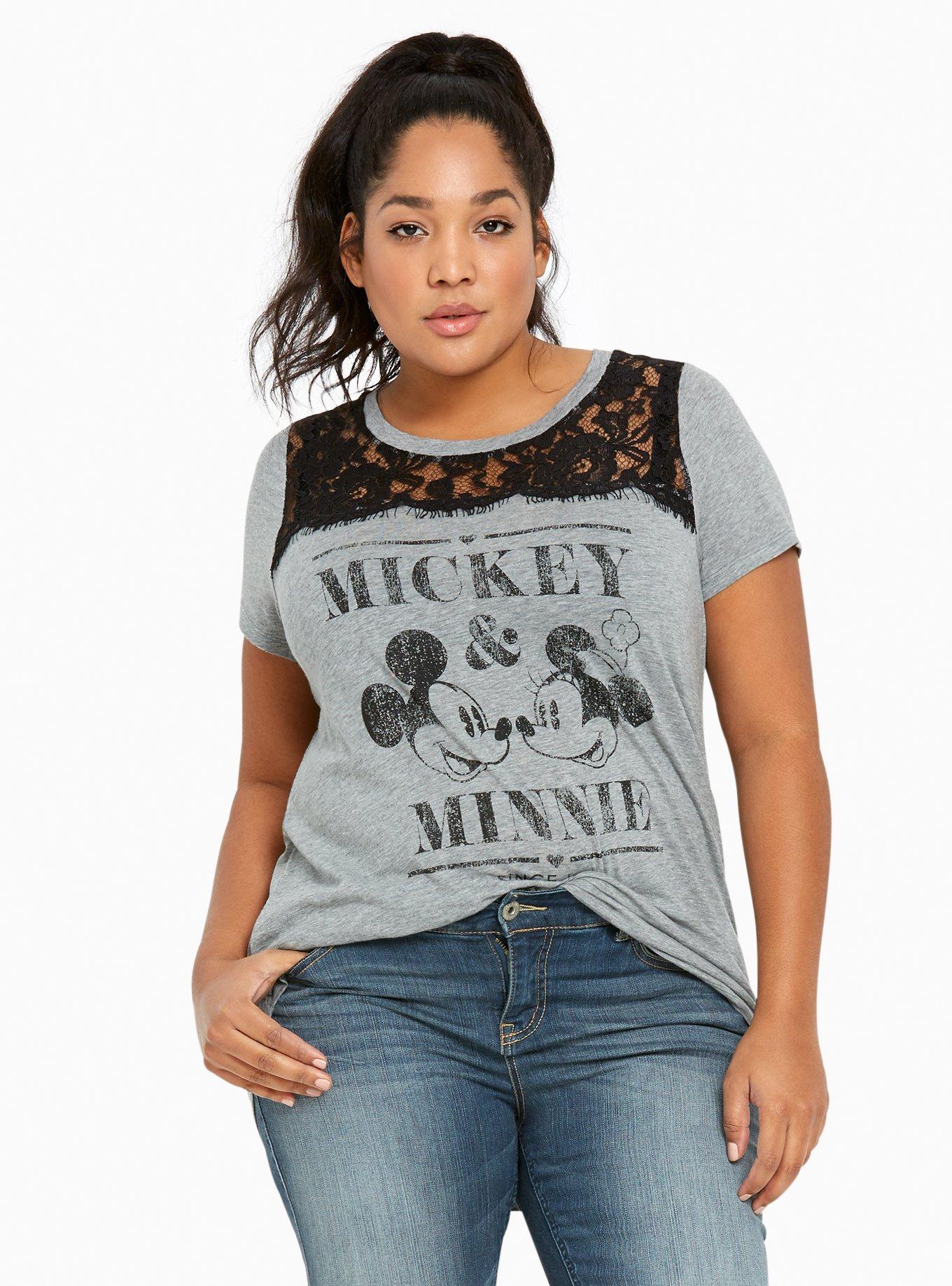 Plus Size Mickey & Minnie Lace Inset Top, HEATHER GREY, hi-res