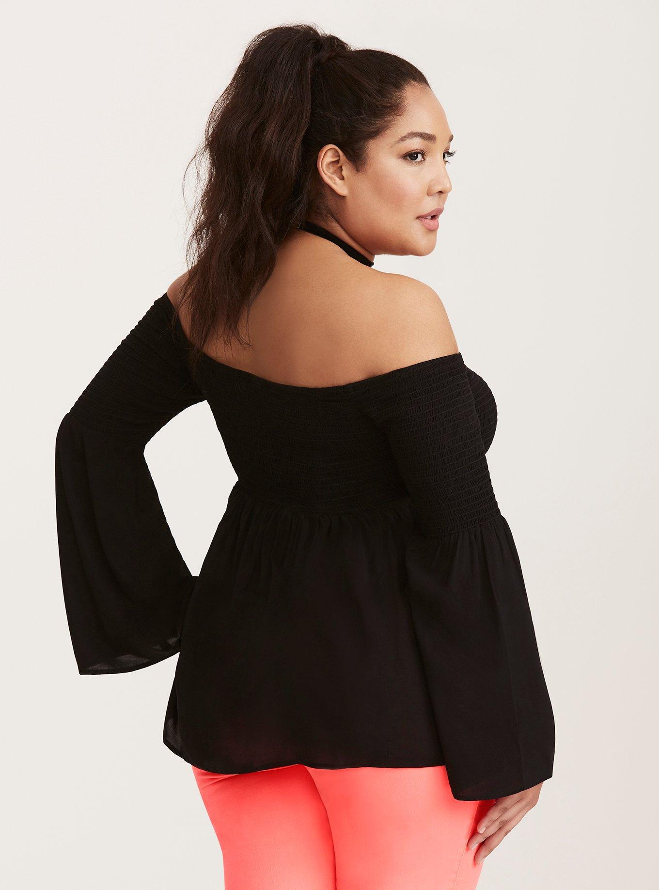 Plus Size Challis Smocked Off-Shoulder Blouse, DEEP BLACK, alternate