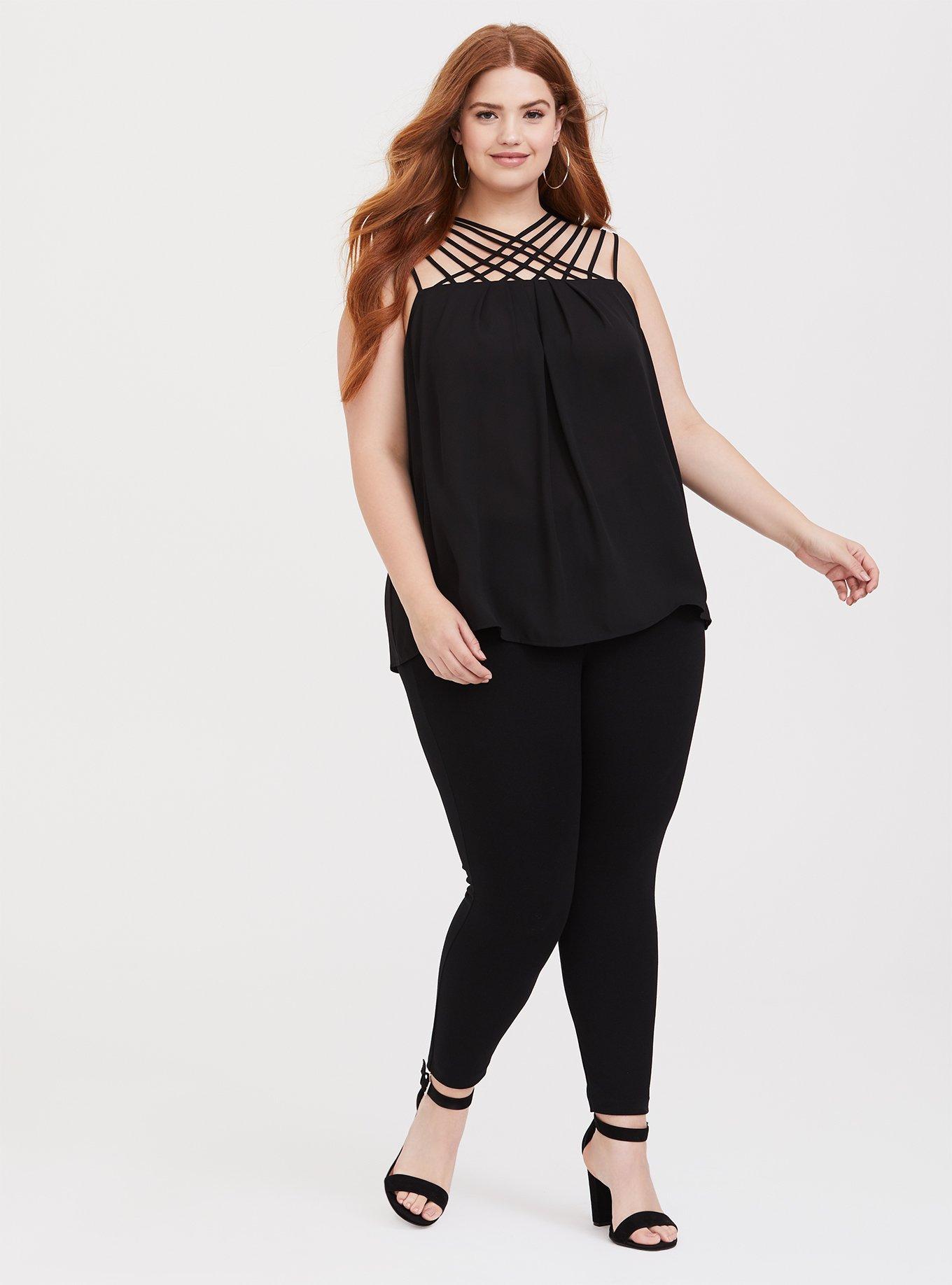 Plus Size Georgette Strappy Neck Tank, BLACK, alternate