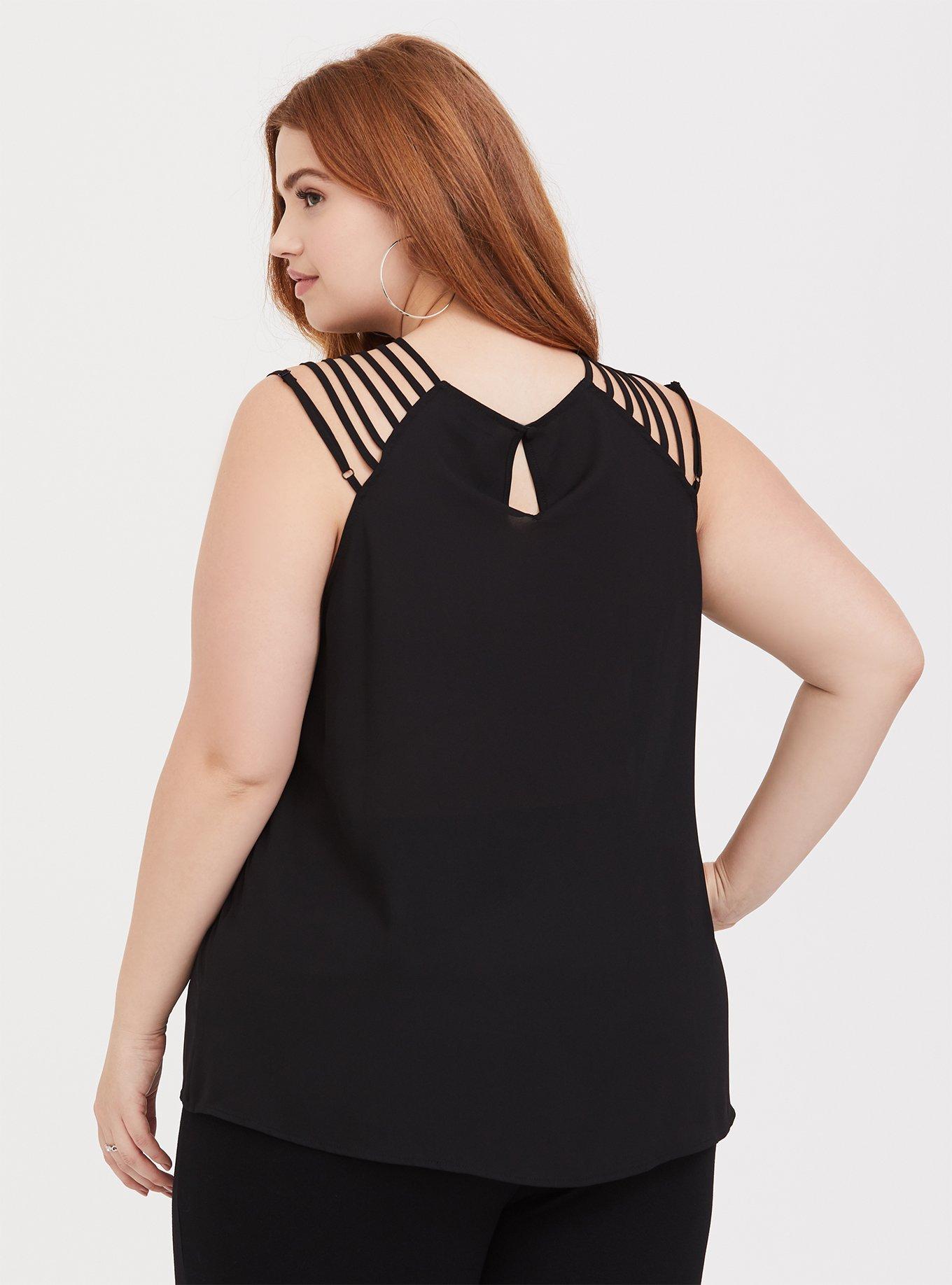Plus Size Georgette Strappy Neck Tank, BLACK, alternate