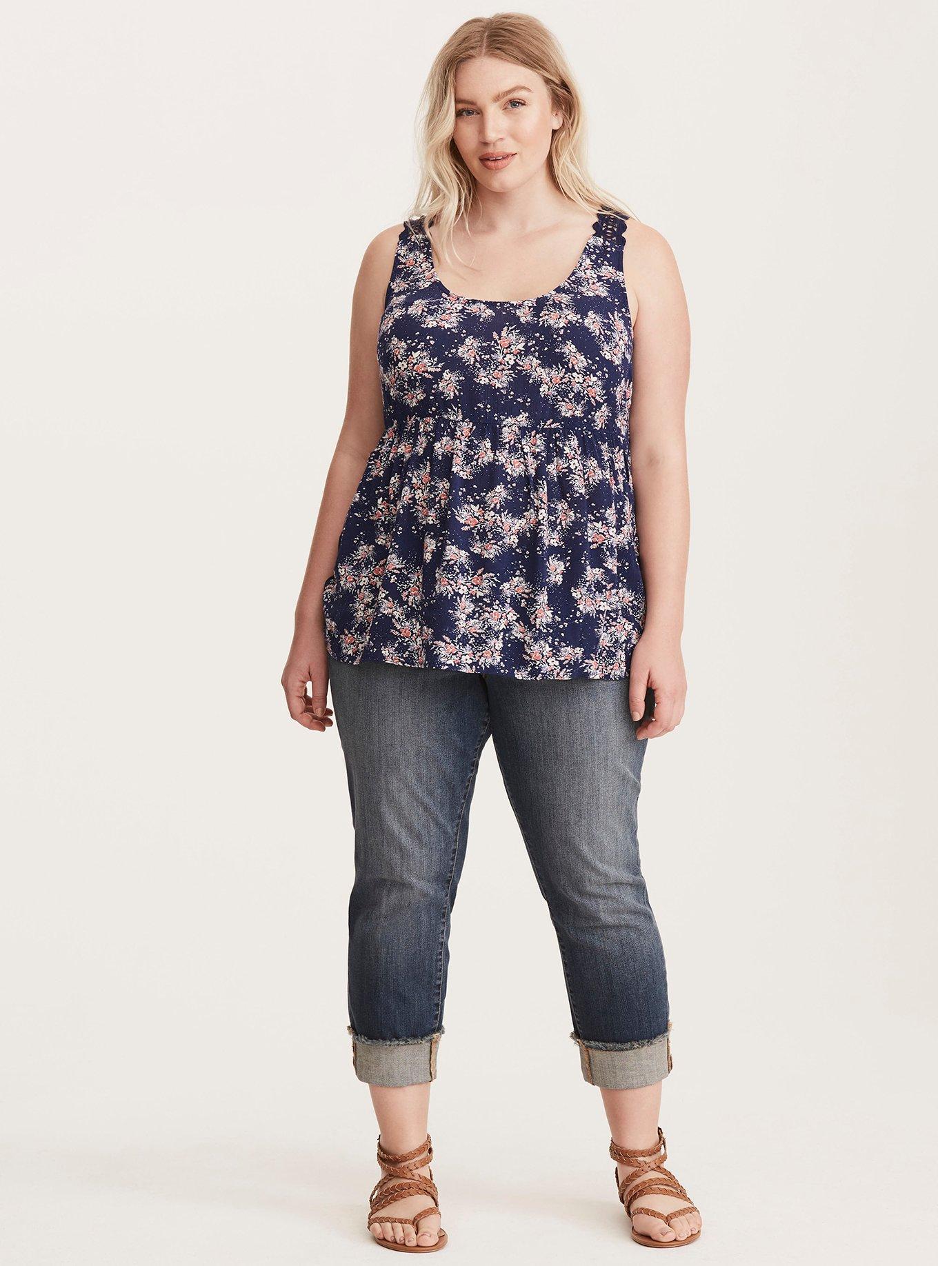 Plus Size Floral Print Crochet Trim Babydoll Top, FLORAL GARDEN, alternate