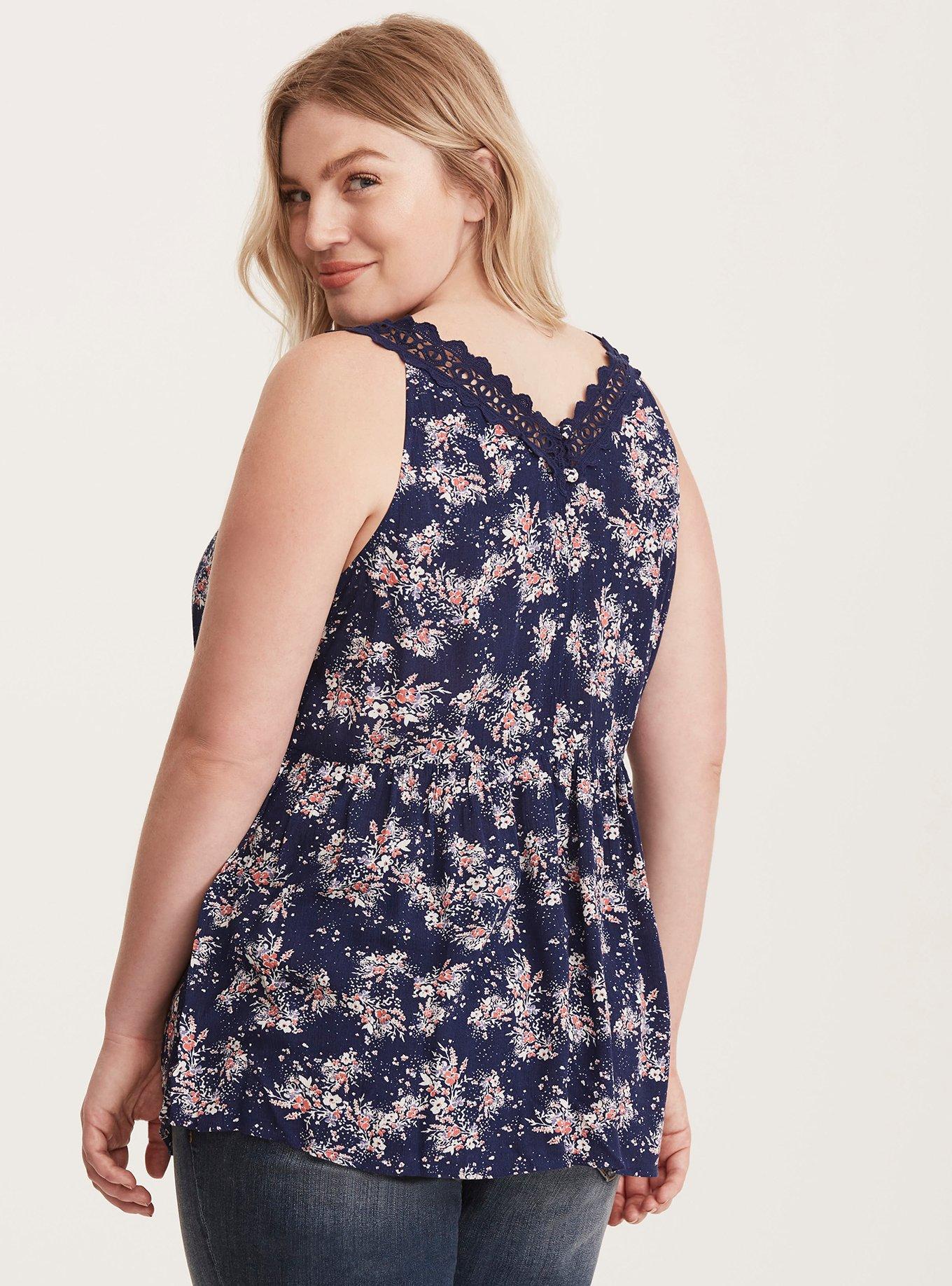 Plus Size Floral Print Crochet Trim Babydoll Top, FLORAL GARDEN, alternate