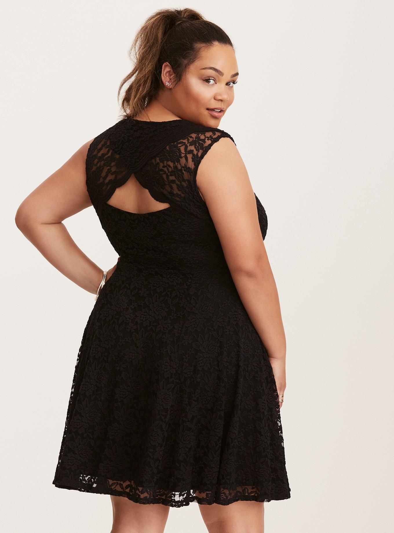 Plus Size Lace Surplice Back Skater Dress, DEEP BLACK, alternate