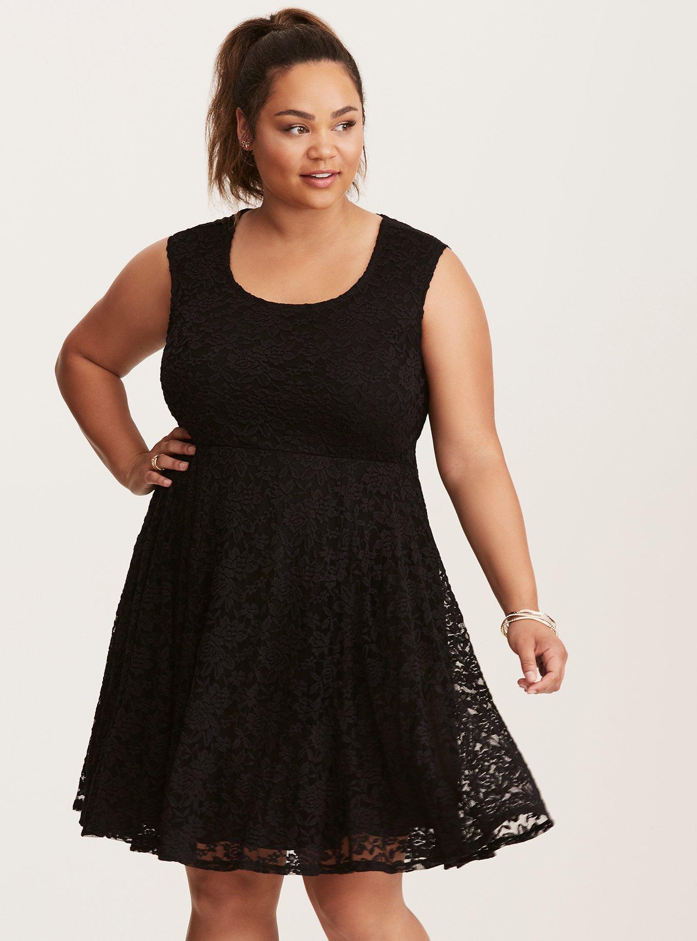 Plus Size Lace Surplice Back Skater Dress, DEEP BLACK, alternate