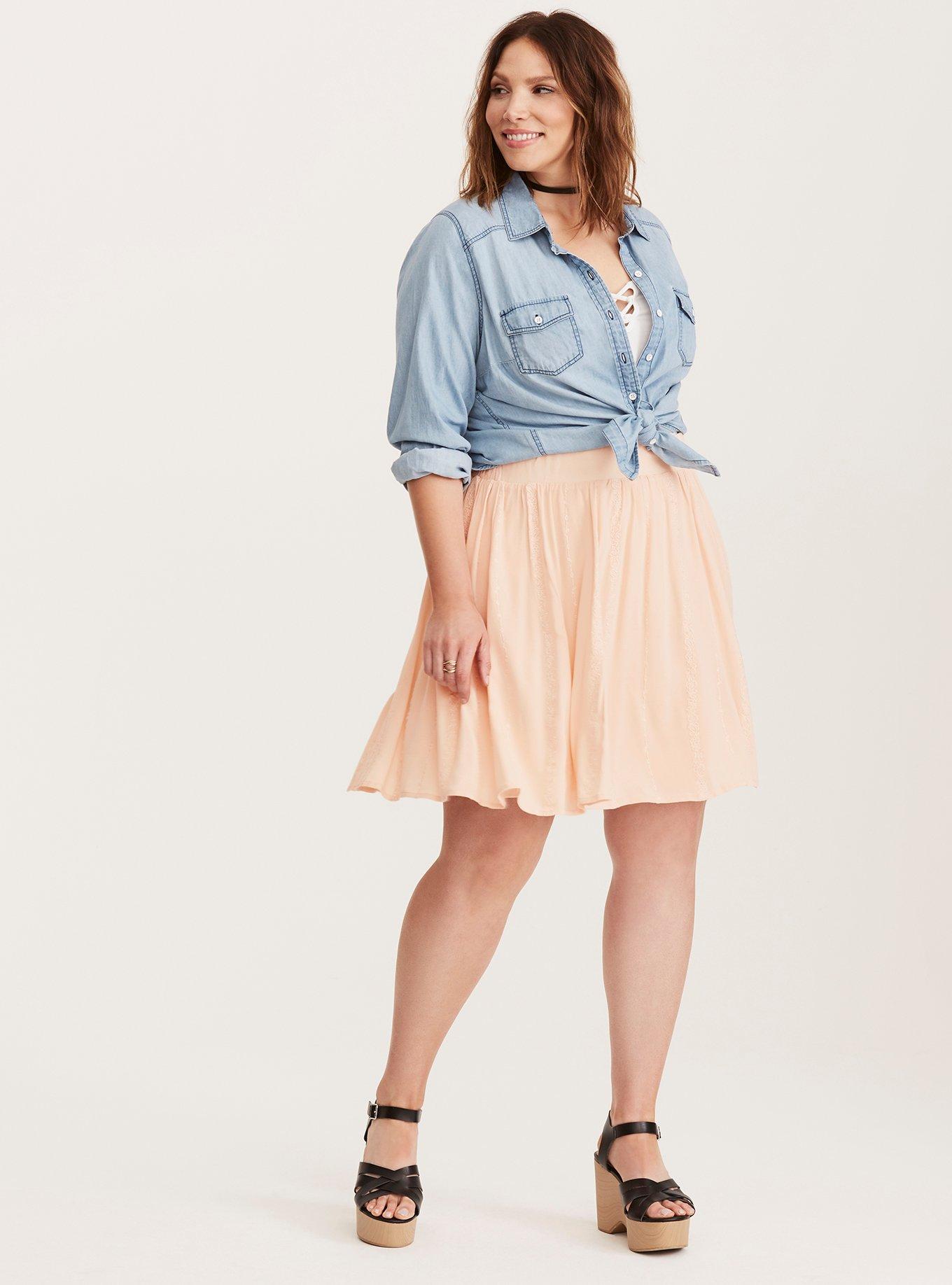 Embroidered Gauze Skater Skirt, JUST PEACHY, hi-res