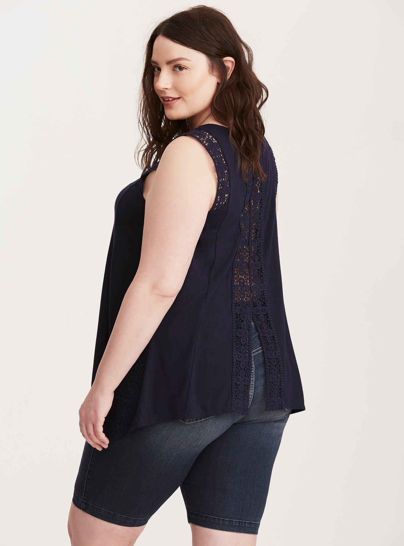 Plus Size Crochet Trim Split Back Tank Top, NAVY, alternate