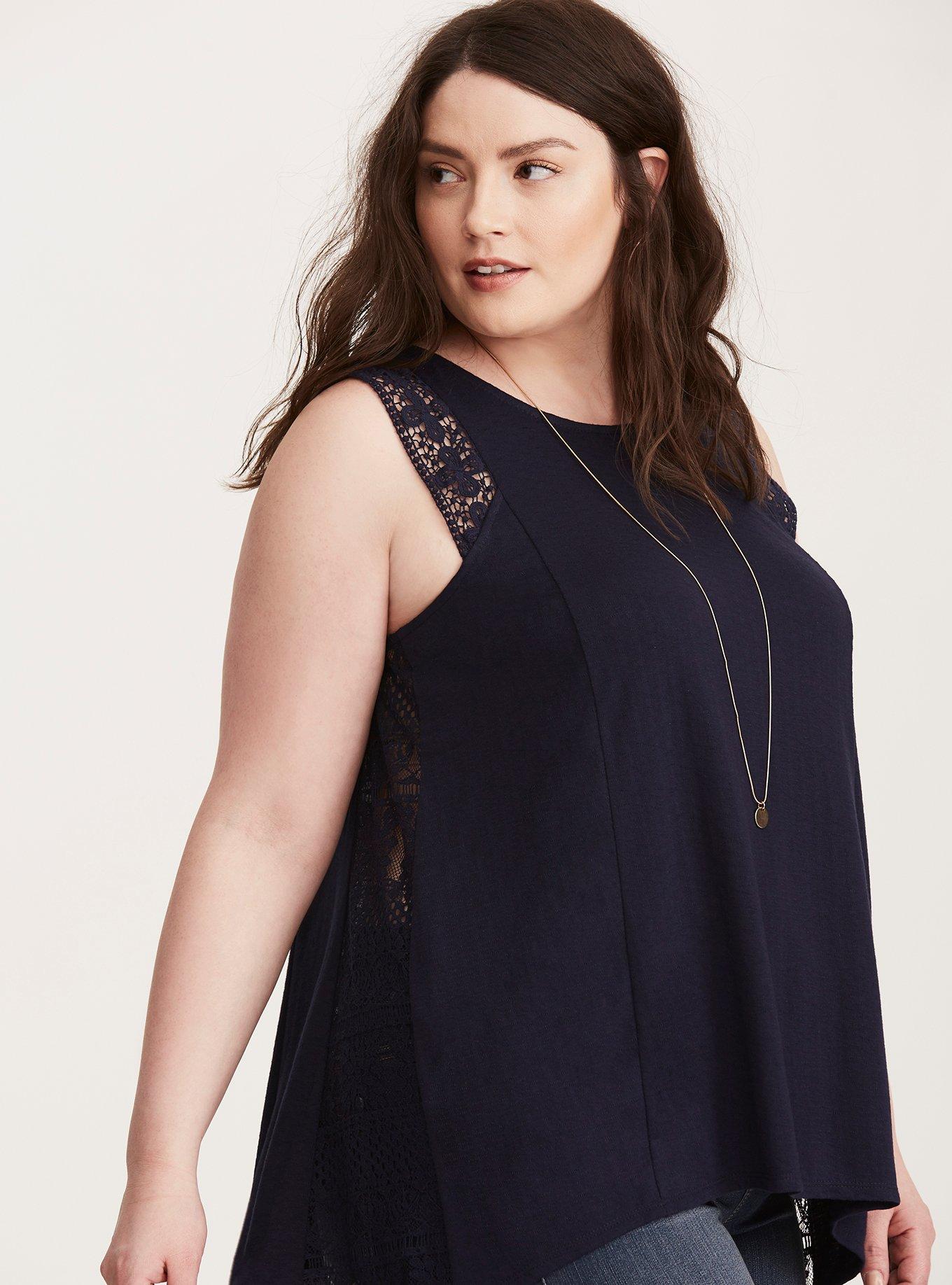 Plus Size Crochet Trim Split Back Tank Top, NAVY, hi-res
