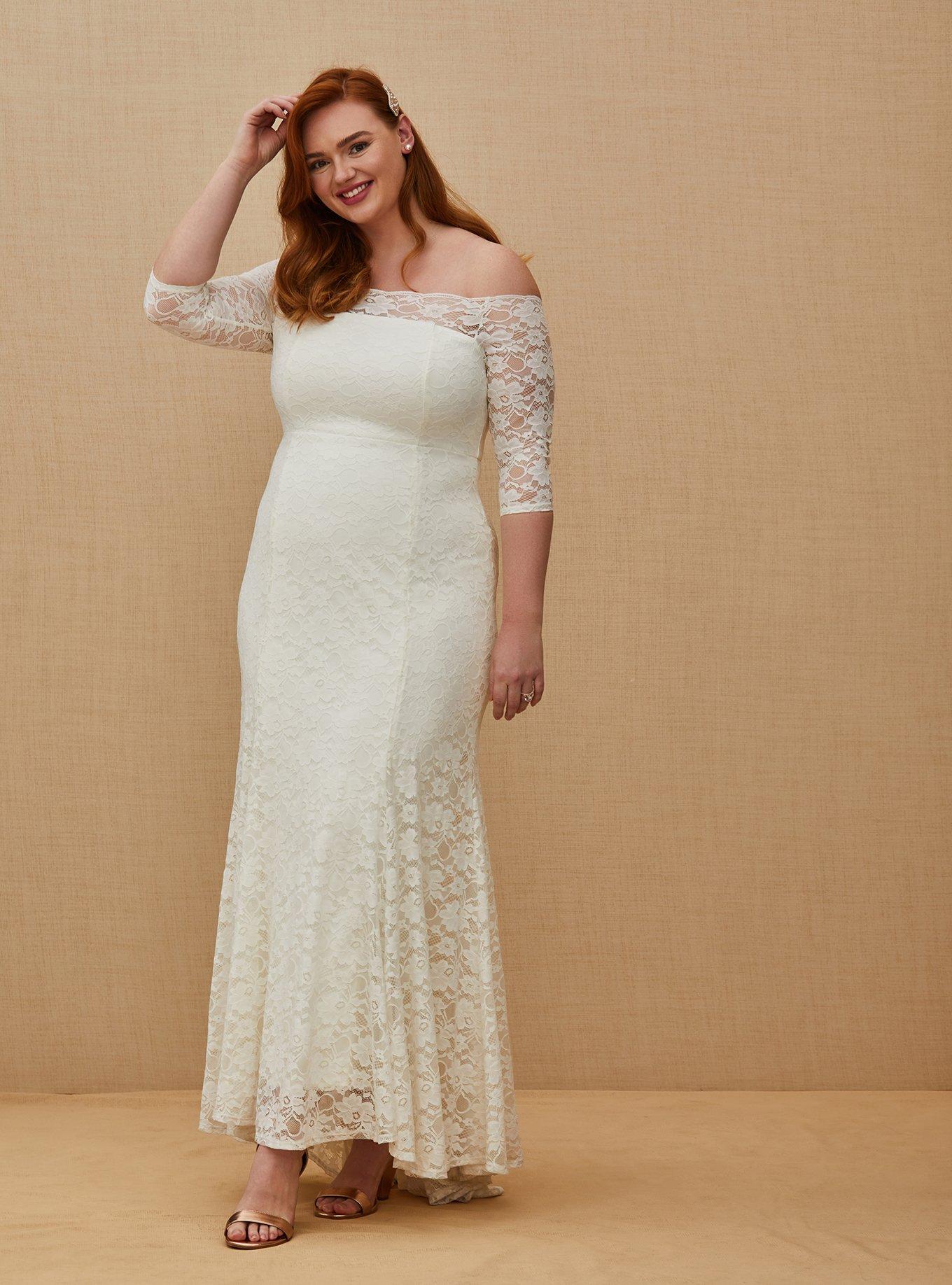 Plus Size Ivory Lace Off Shoulder Fit Flare Wedding Dress Torrid