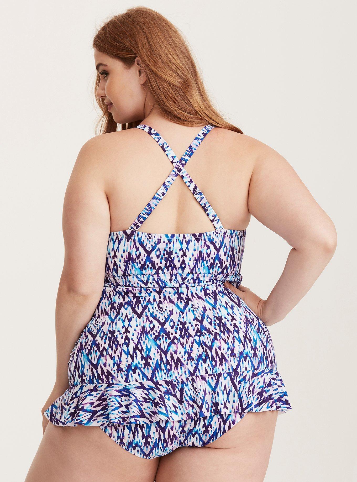 Plus Size - Ikat Print Ruffle Skirt One Piece Swim Dress - Torrid