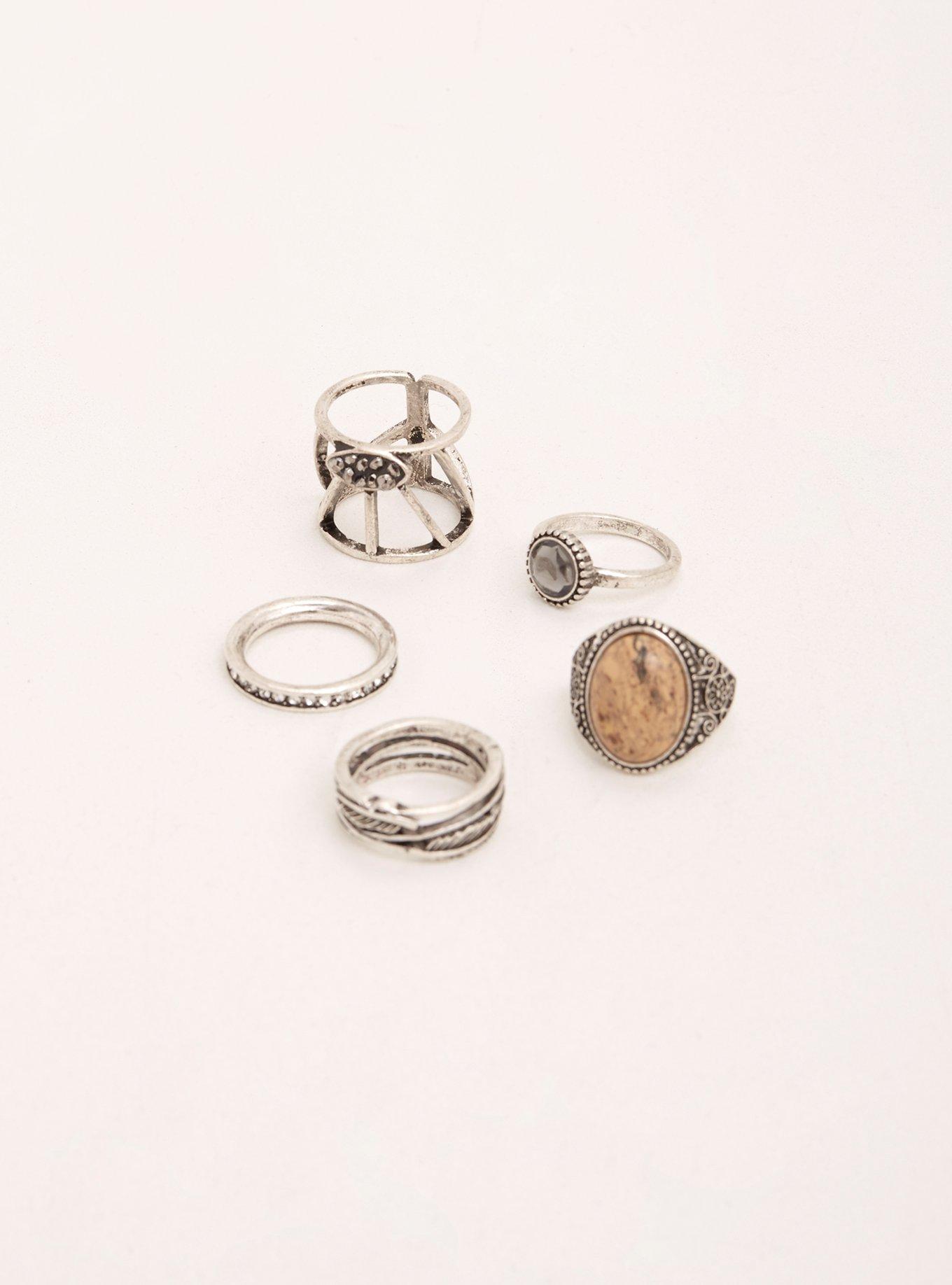 Natural Stone Geo Ring Set, SILVER, hi-res