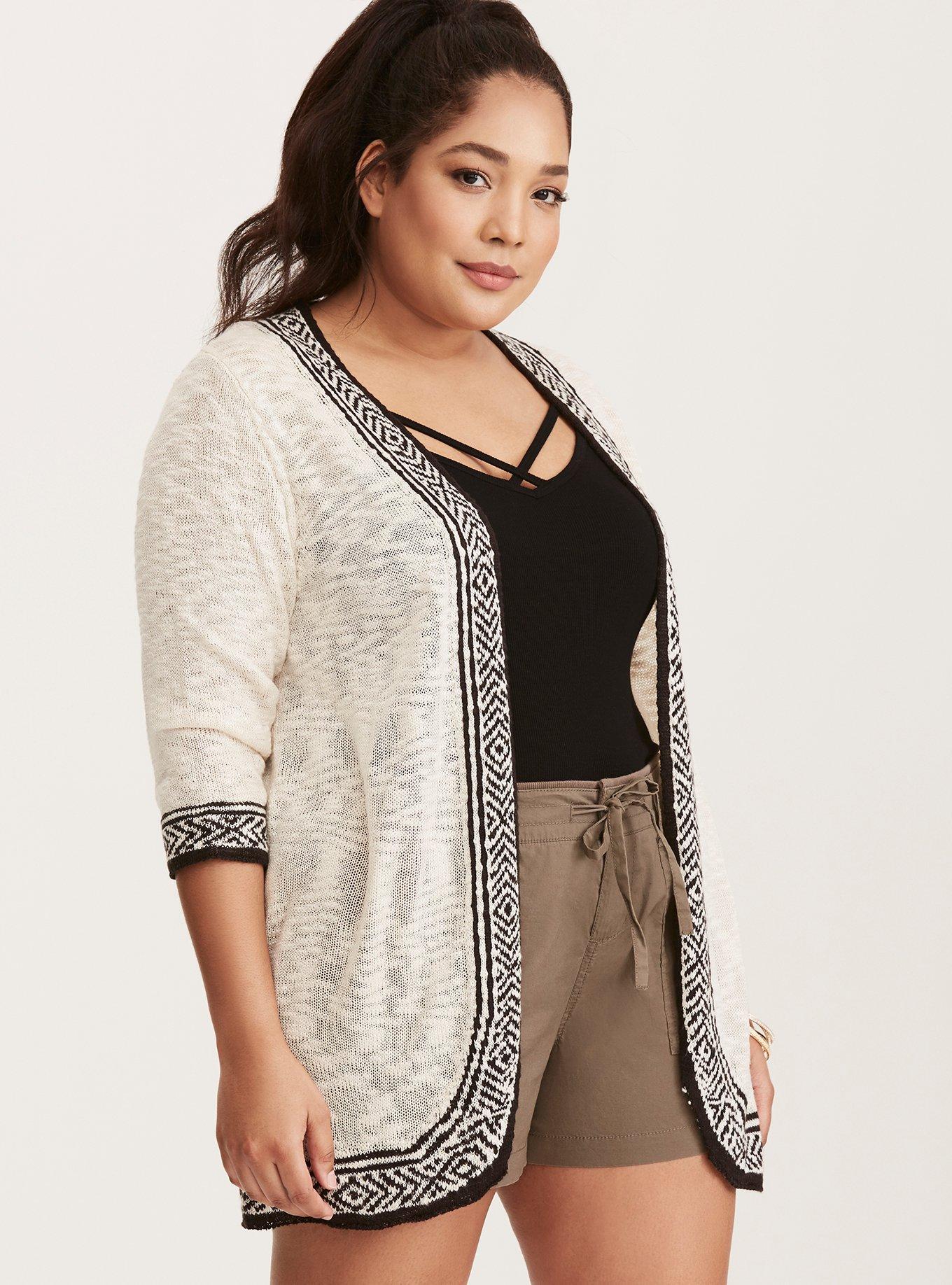 Plus Size Border Pattern Cardigan, NONEC, alternate