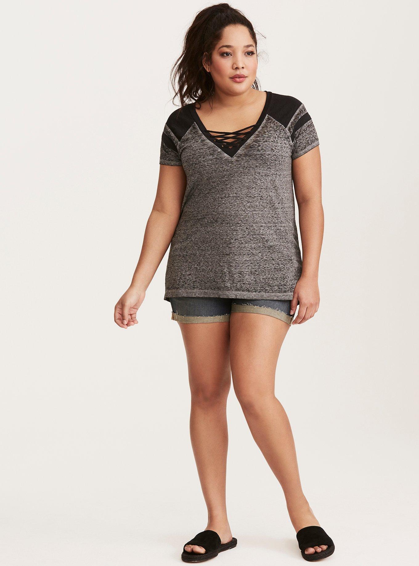 Plus Size Grey & Black Lace-Up Football Tee, NONEC, alternate