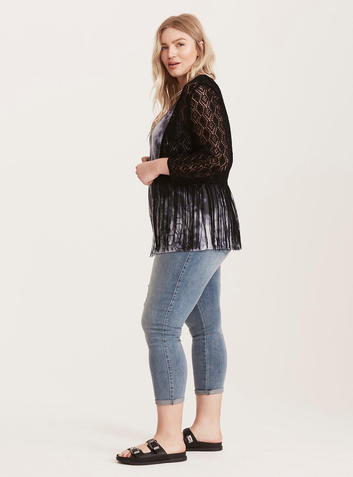 Plus Size Fringe Trim Knit Shrug, NONEC, alternate