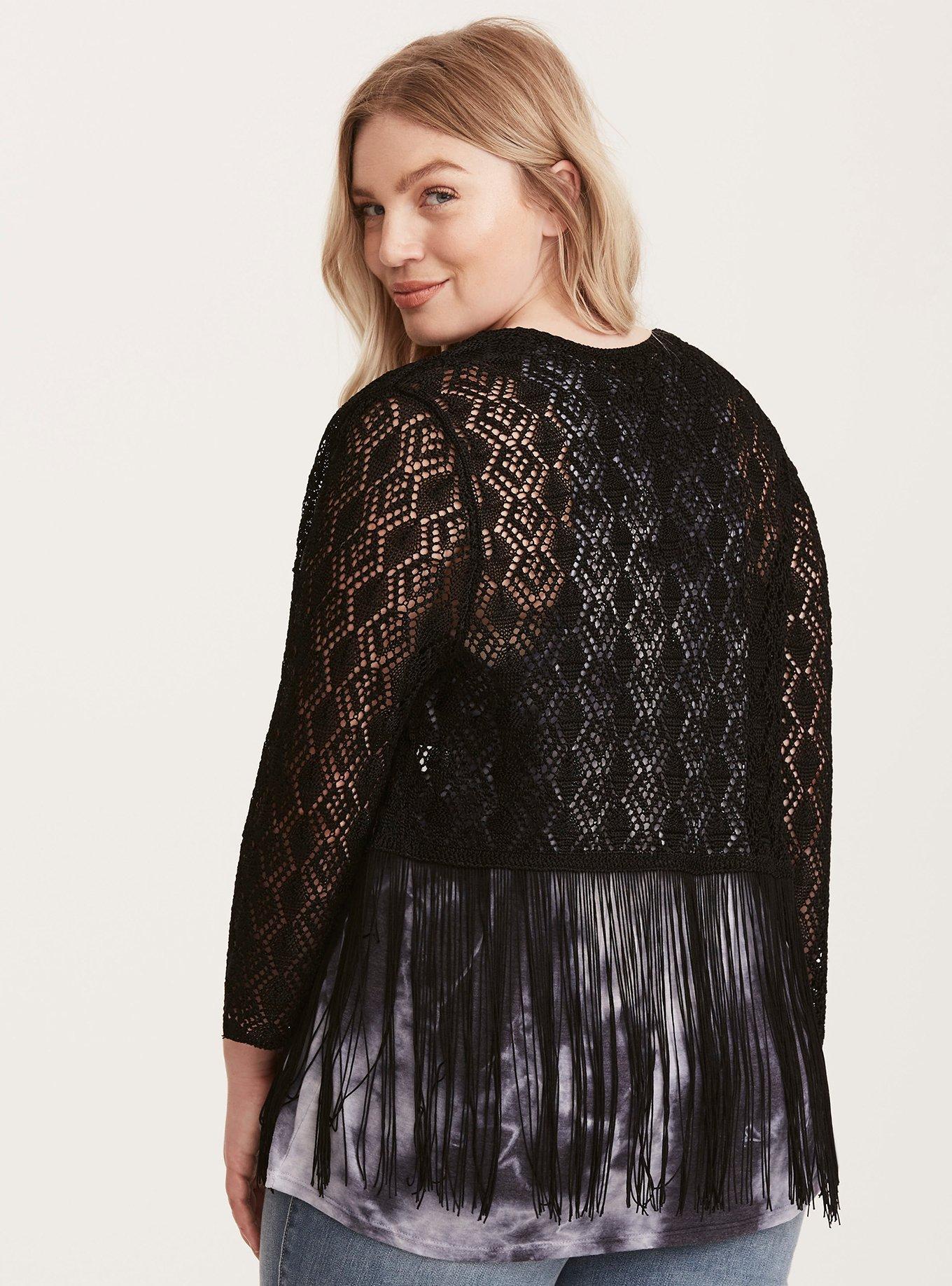 Plus Size Fringe Trim Knit Shrug, NONEC, alternate