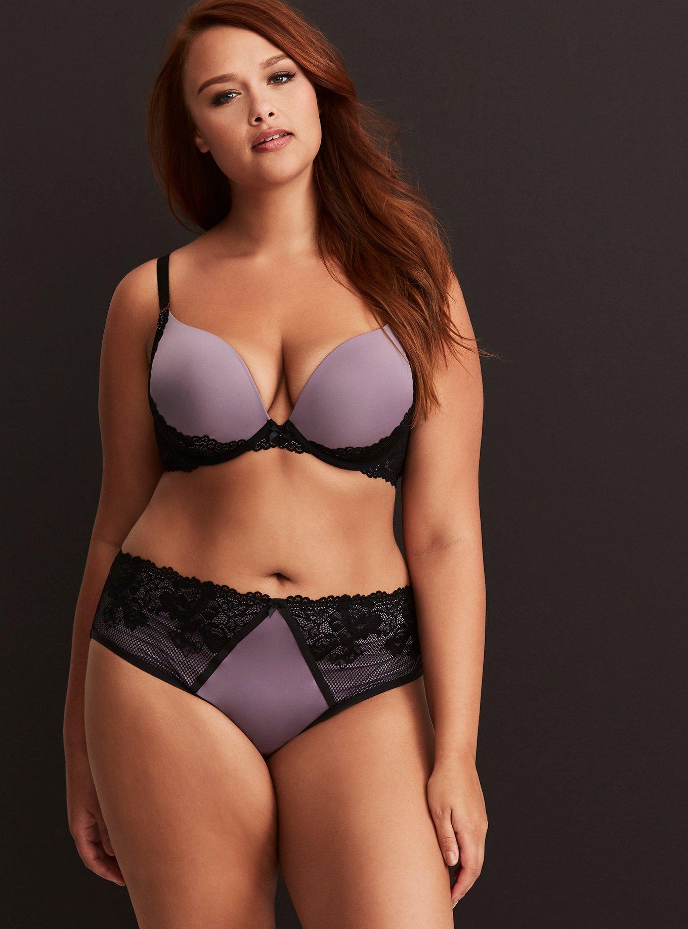 Plus Size Microfiber Fishnet & Lace Push-Up Plunge Bra, PURPLE SAGE, alternate