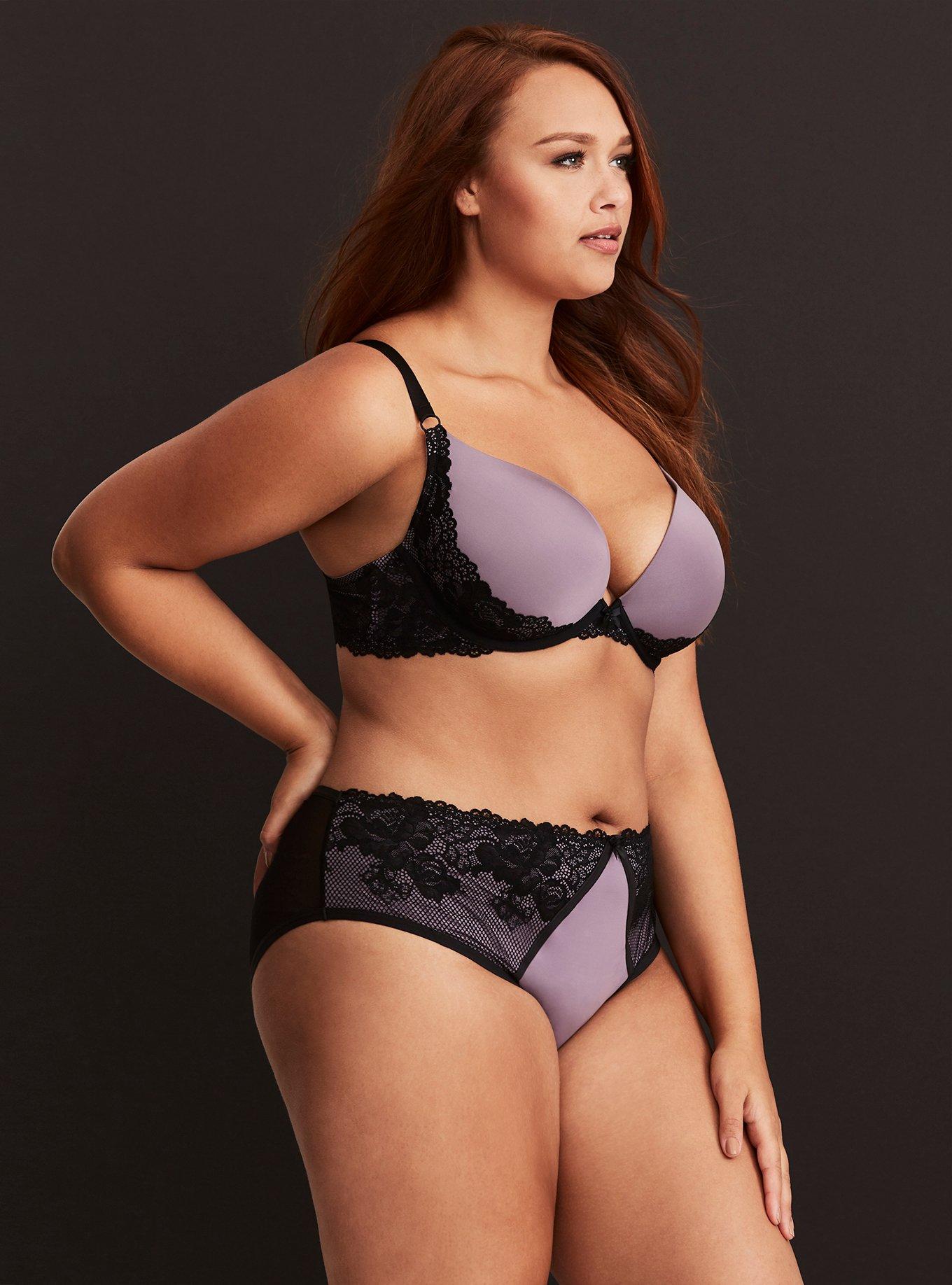 Plus Size Microfiber Fishnet & Lace Push-Up Plunge Bra, PURPLE SAGE, alternate